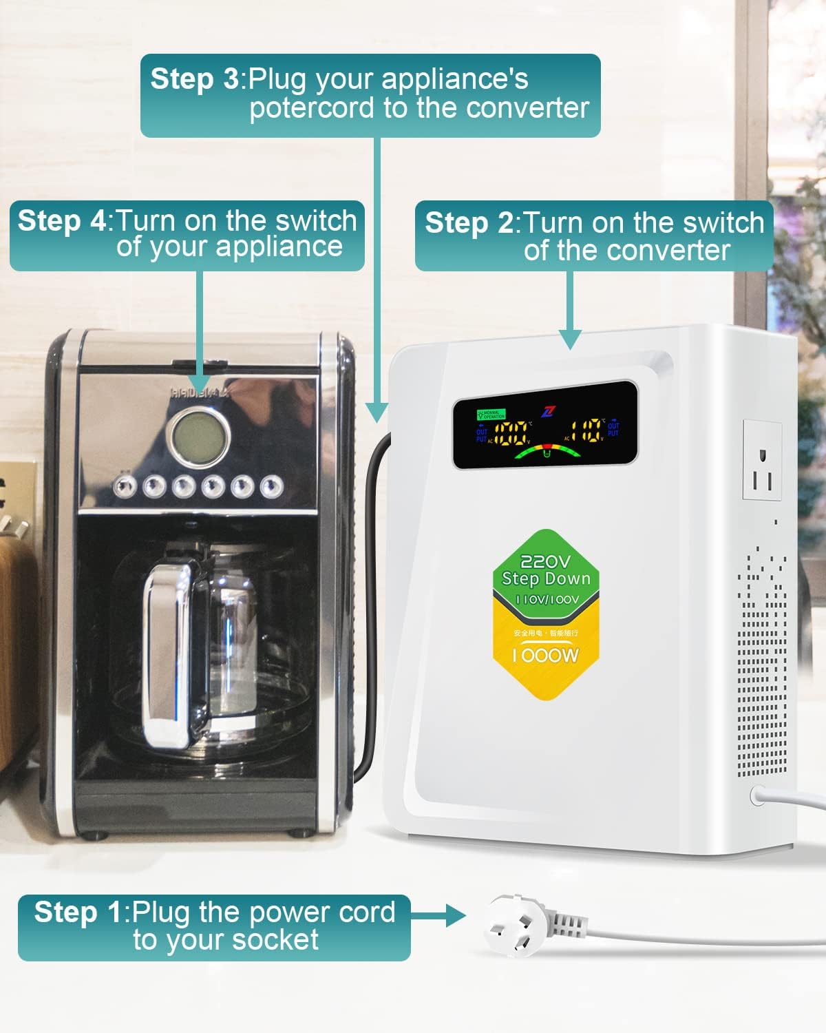 220v to 110v Step Down Transformer 1000W Power Voltage Converters, No Noise, Ten Protection Functions, Suit for Coffee Machines, Rice Cookers and Other US Appliances Used in Europe