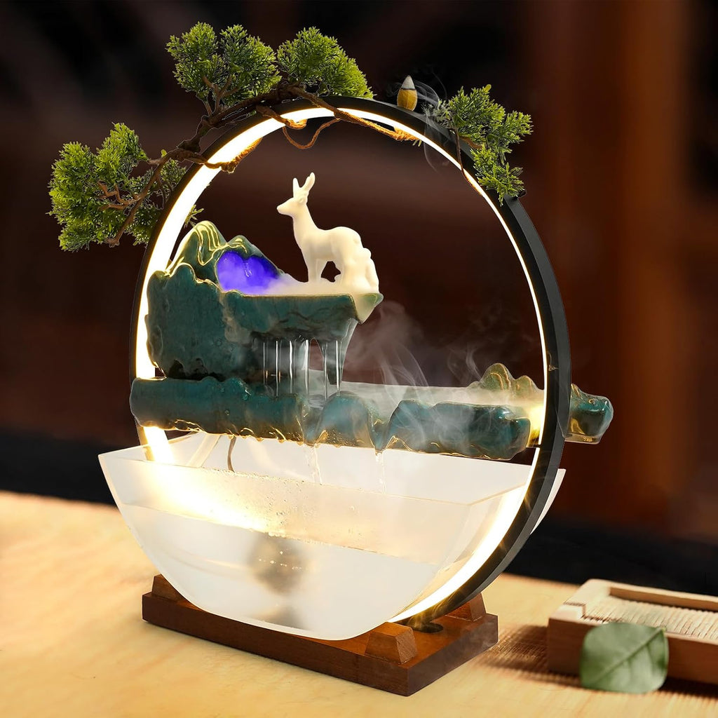 Tabletop Water Fountains, Indoor Waterfall with Round LED Light & Mist Maker & Fish Tank, Water Feature Feng Shui Decor for Meditation Entrance, L17.3*D5.3*H16.5in
