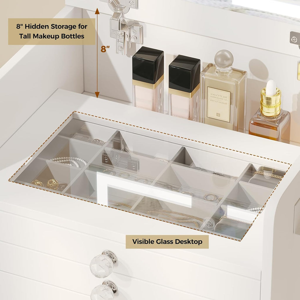 VOWNER 3-in-1 Vanity Desk with Flip Top LED Light Mirror and Glass Desktop, Small Makeup Vanity with 3 Drawers, Compact Dressing Table with Stool for Bedroom, White 19' L