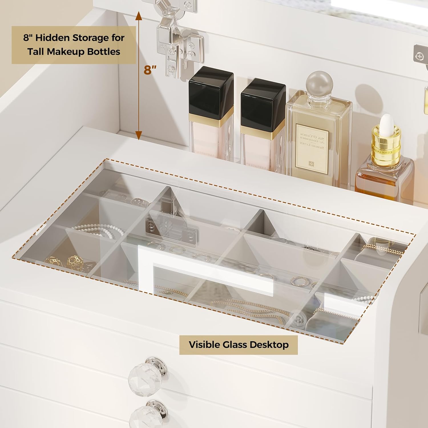 VOWNER 3-in-1 Vanity Desk with Flip Top LED Light Mirror and Glass Desktop, Small Makeup Vanity with 3 Drawers, Compact Dressing Table with Stool for Bedroom, White 19' L