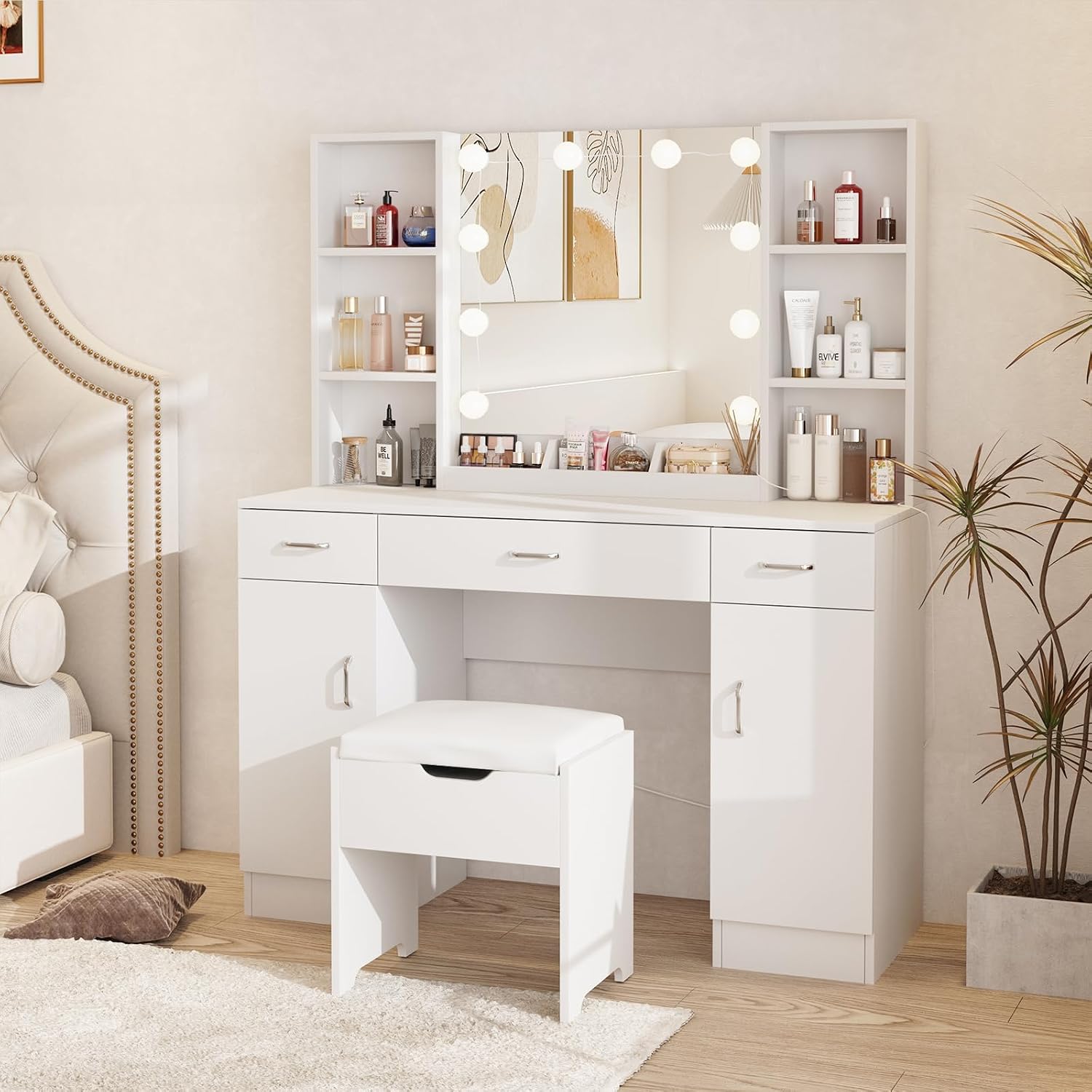 Vabches Vanity Desk with Lighted Mirror, Large Makeup Vanity Table Set with Storage Bench & Cabinets, 3 Brightness Mode, 45.2inch (W), White