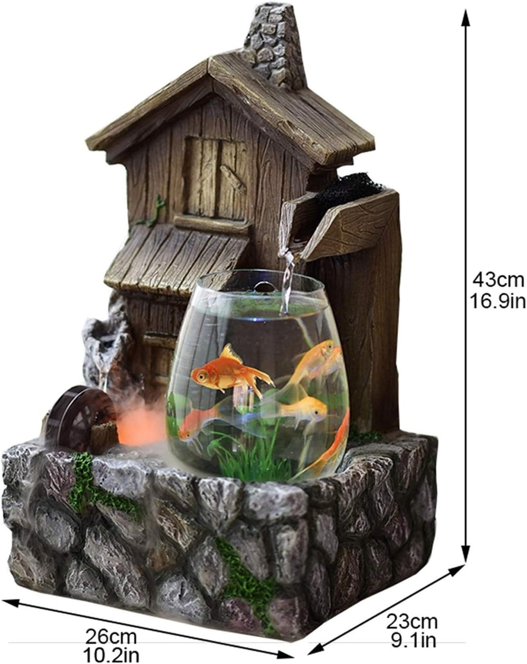 Transparent Fish Tank and Antique Cottage Fountain Waterfall Tabletop Water Feature Indoor Decoration Aquarium Humidifier Relaxesion Desktop Decorative Fountain(A)