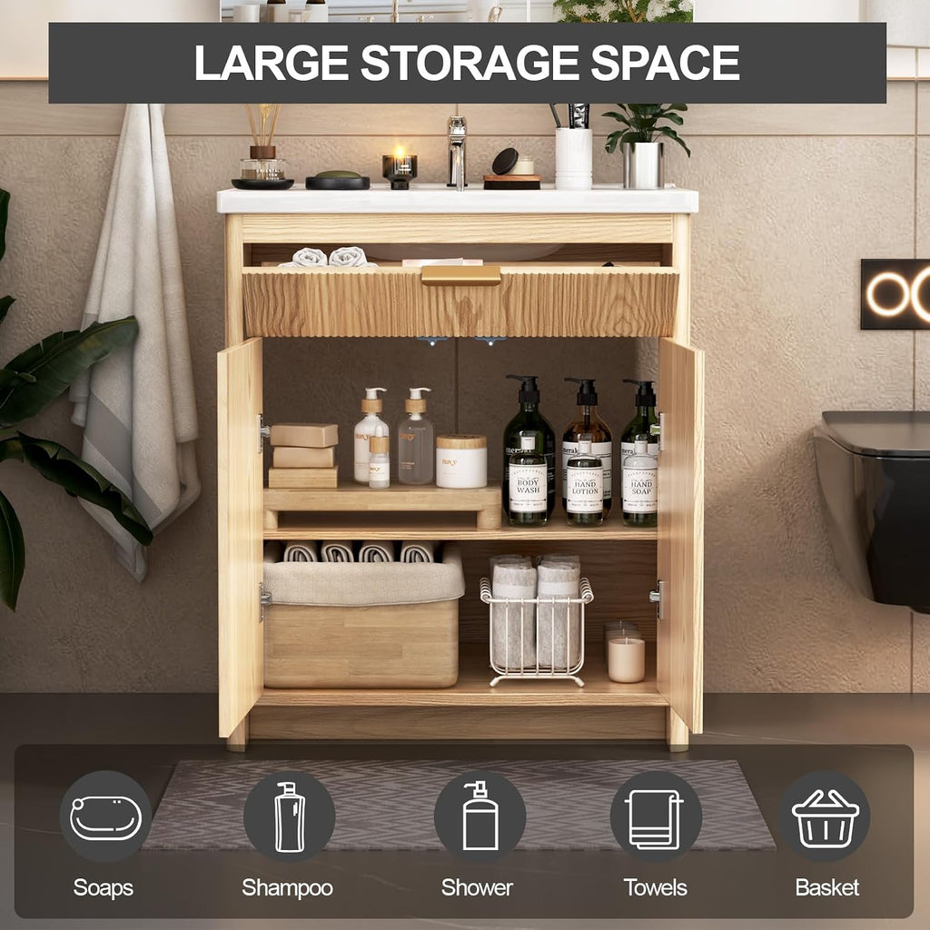 30'' Bathroom Vanity with Ceramic Single Sink Combo, Small Freestanding Bathroom Storage Vanity Cabinet with Drawer & Cabinet, Metal Handle,Natural Oak