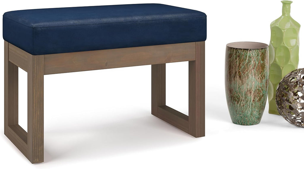 SIMPLIHOME Milltown Small Ottoman Bench - 27' Wide x 18' High Upholstered Vegan Leather Rectangle Footstool Ottoman in Distressed Dark Blue, Contemporary Bench with Cushioned Seat, Assembled