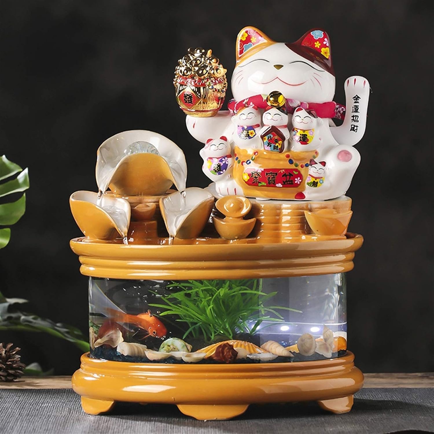 Fountain Waterfall Glass Fish Tank with Lucky Cat, Indoor Ceramic Cascading Decorative Fountain for Home Office Tabletop Indoor Relax, Christmas Ideas