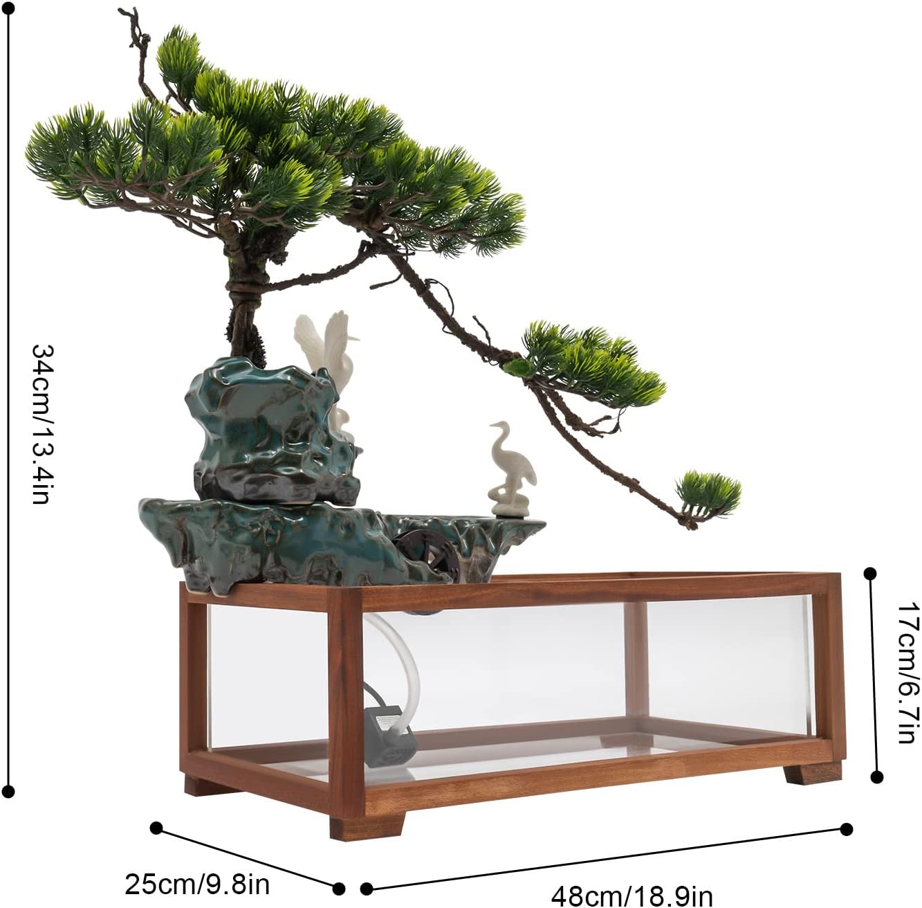 Indoor Outdoor Artificial Landscape Tabletop Water Fountain,Chinese Zen Style Crane Waterfall Fish Tank with LED Light and Mist，Home Office Feng Shui Decor for Good Luck Wealth