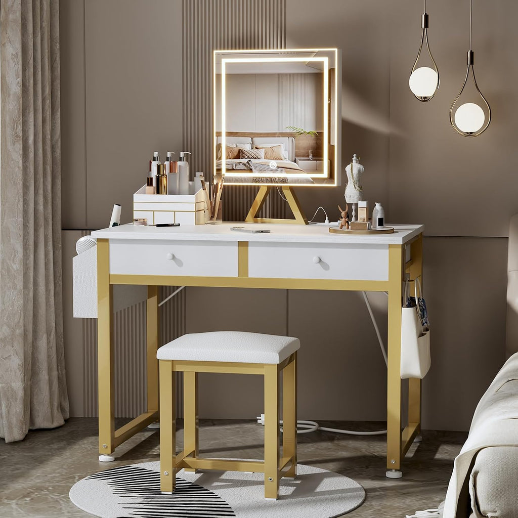Lufeiya Small Makeup Vanity Desk with Mirror and Light, 32 inch White Vanity Desks Sets with Fabric Drawers for Girls Teen, Dressing Table and Chair Set with Power Outlet for Bedroom, White Gold