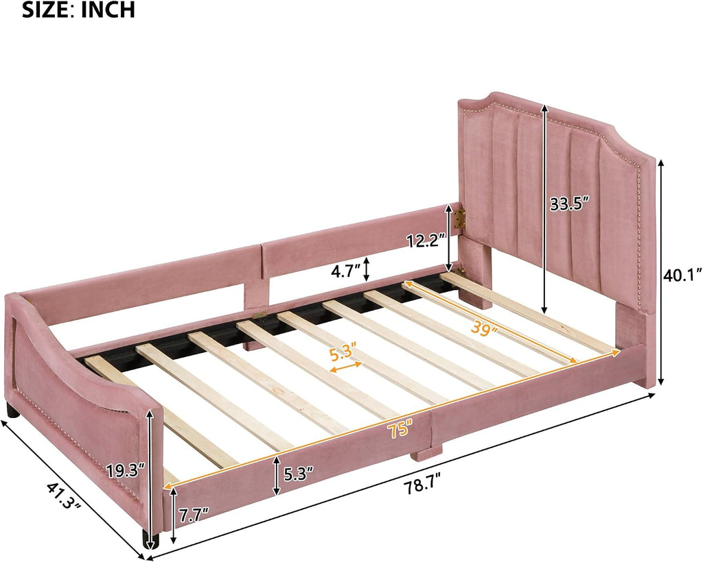 Favfurish Twin Size Upholstered Daybed with Classic Stripe Shaped Headboard,Durable Wooden Platform Bed Frame,No Box Spring Needed,for Kids Teens Adults,Bedroom Guestroom Dorm,Pink