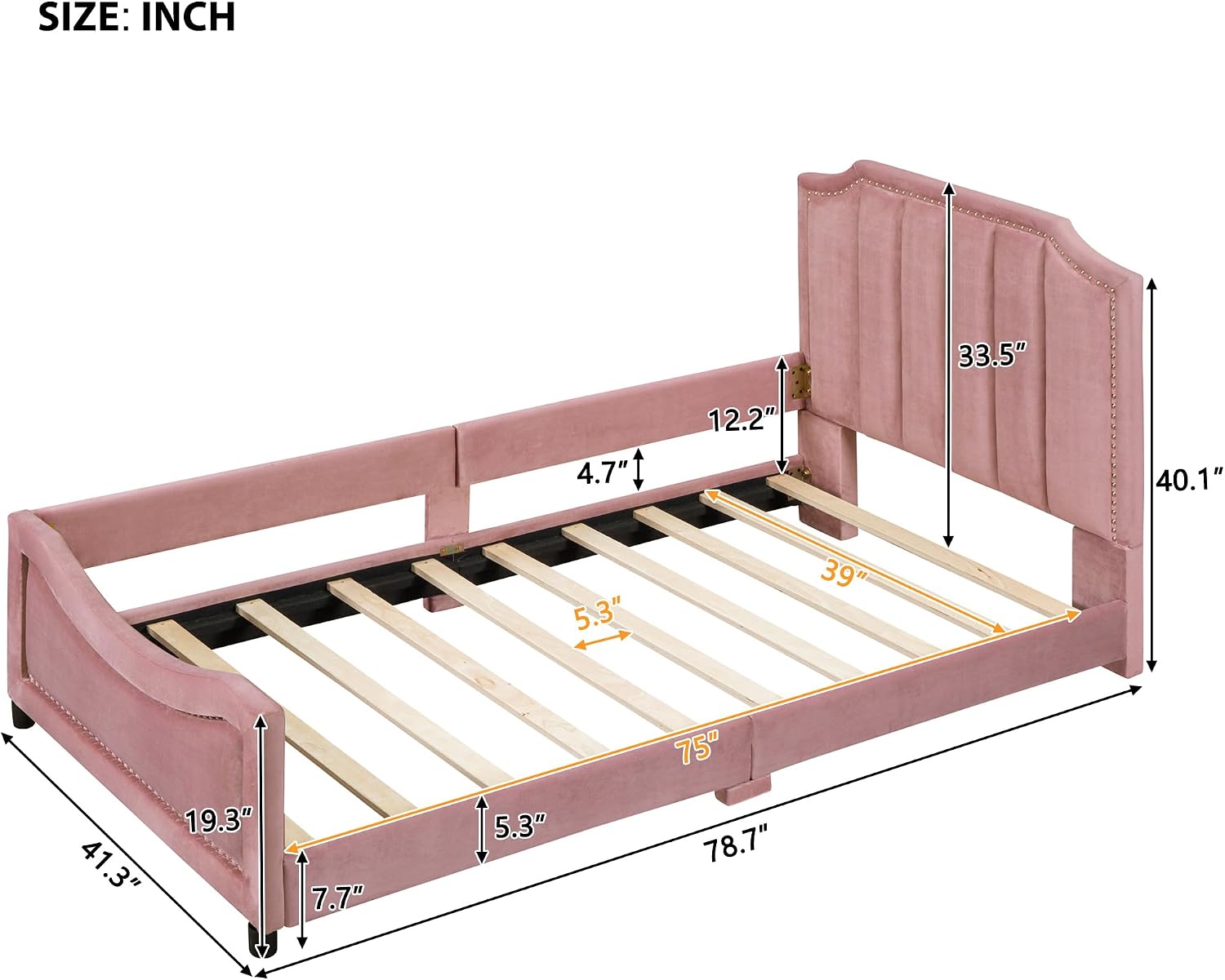Favfurish Twin Size Upholstered Daybed with Classic Stripe Shaped Headboard,Durable Wooden Platform Bed Frame,No Box Spring Needed,for Kids Teens Adults,Bedroom Guestroom Dorm,Pink