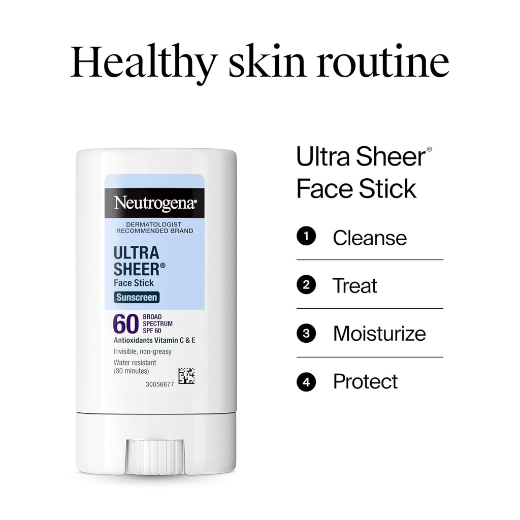 Neutrogena Ultra Sheer Stick Sunscreen for Face SPF 60, Invisible Finish, Broad Spectrum UVA/UVB Sun Protection - Vitamin C & E, Non Greasy, Fragrance Free, Water Resistant 80 Min, Travel Size, .47 oz