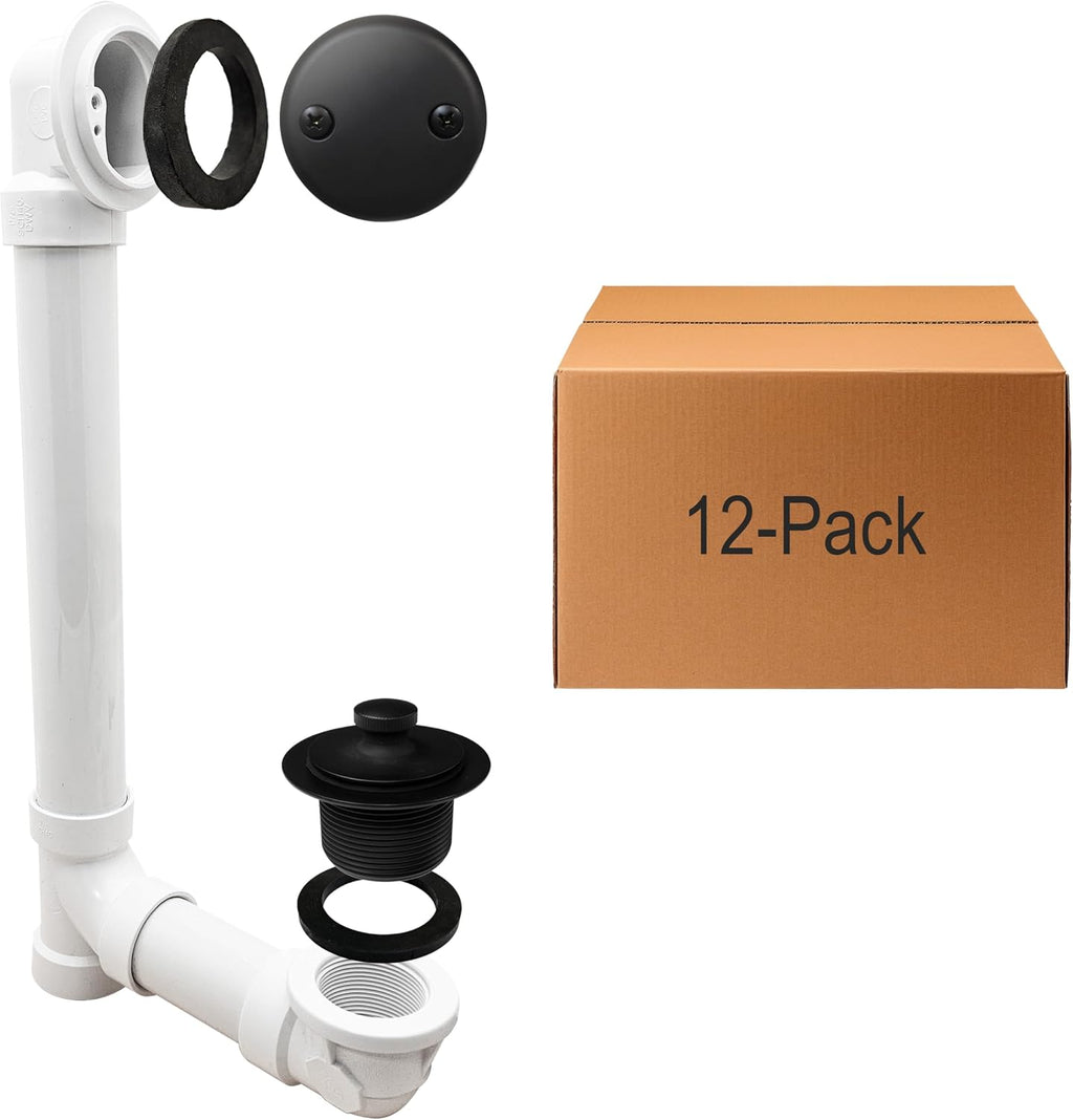 Westbrass D4942-12-62 1-1/2' x 12' Bath Waste & Overflow Assembly with Two-Hole Faceplate Cover and Twist & Close Drain Plug-SCH. 40 PVC, 12-Pack, Matte Black
