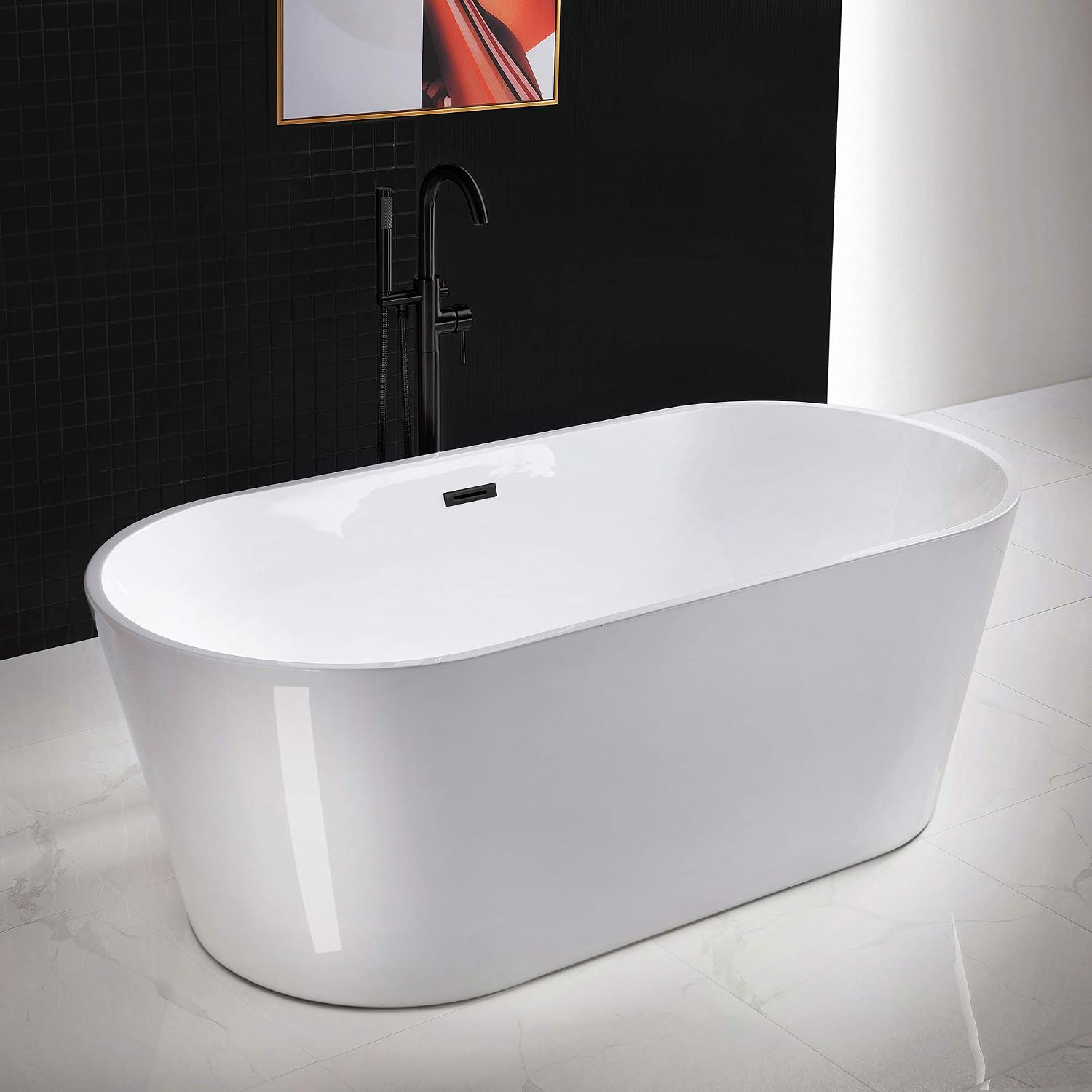 WOODBRIDGE 67' Acrylic Freestanding Bathtub Contemporary Soaking White Tub with Matte Black Overflow and Drain，B0013 -MB-Drain &O