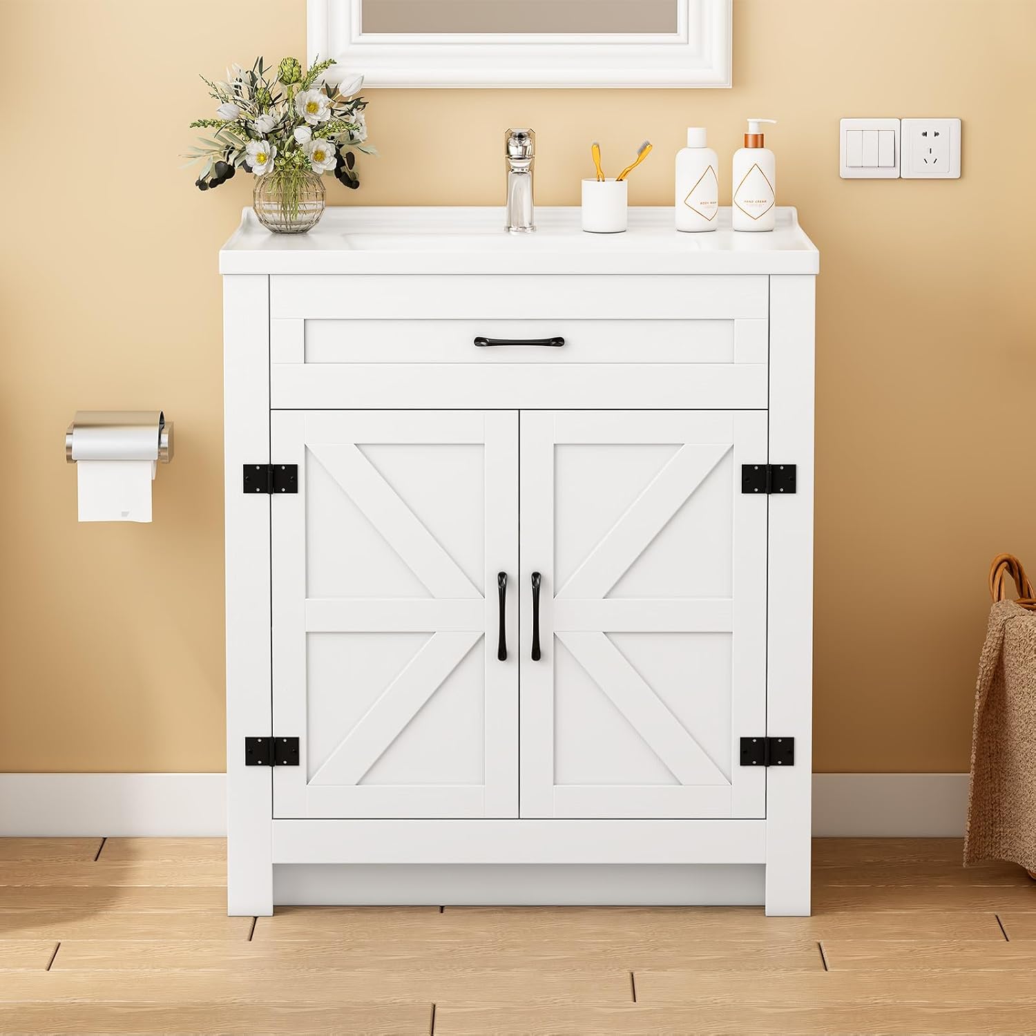Bathroom Vanity, 24' Bathroom Vanity with Ceramic Sink, Farmhouse Bathroom Vanity Cabinet for Small Space, Freestanding Storage Cabinet with Shelf, 2 Doors, Easy Assembly