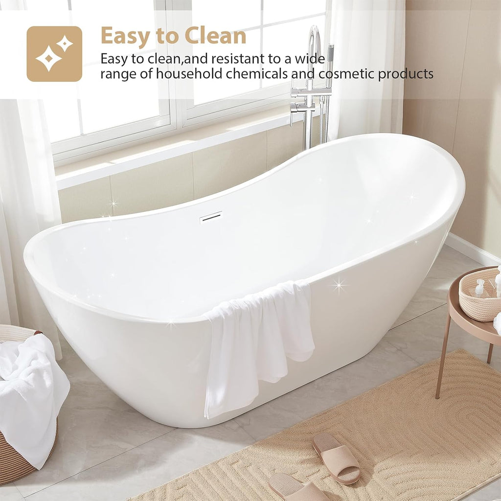 Vanity Art 71' Freestanding Bathtub | Free Standing Tub Stand Alone Tub with Contemporary Design for Soaking and Bathing, PC (Chrome) Overflow and Pop-up Drain with UPC Certified, Acrylic, VA6517-IO