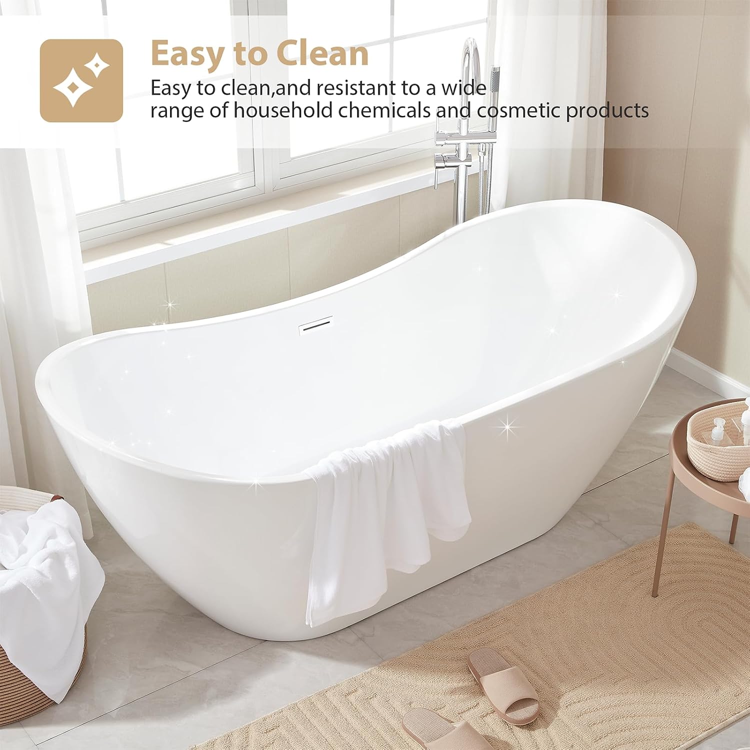 Vanity Art 71' Freestanding Bathtub | Free Standing Tub Stand Alone Tub with Contemporary Design for Soaking and Bathing, Overflow and Pop-up Drain with UPC Certified, Acrylic, VA6517-PW