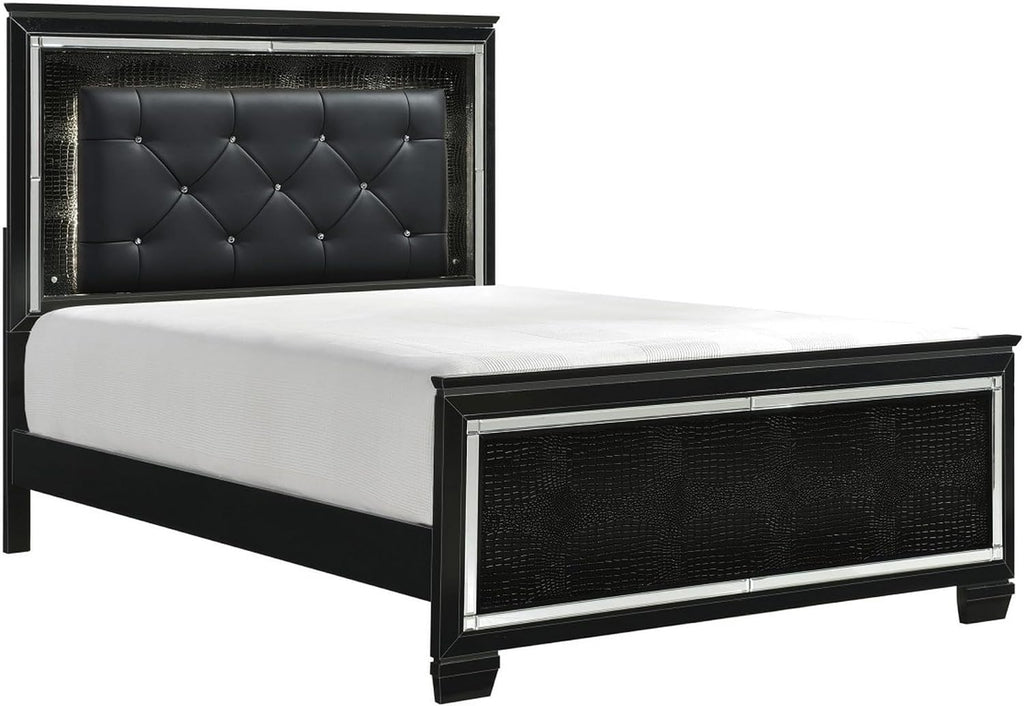 Benzara Alen 4 Pc Queen Size Bedroom Set, Button Tufting, Mirror Trim, Black