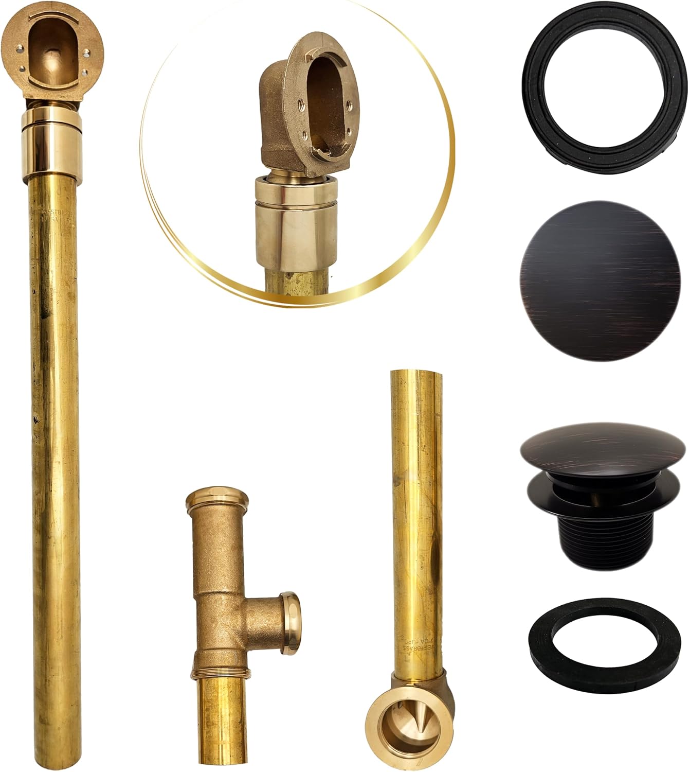 Westbrass A326HBJ-12A 25' Brass Bath Waste & Overflow Assembly with European Tip-Toe Drain Plug and Illusionary Faceplate, Antique Bronze