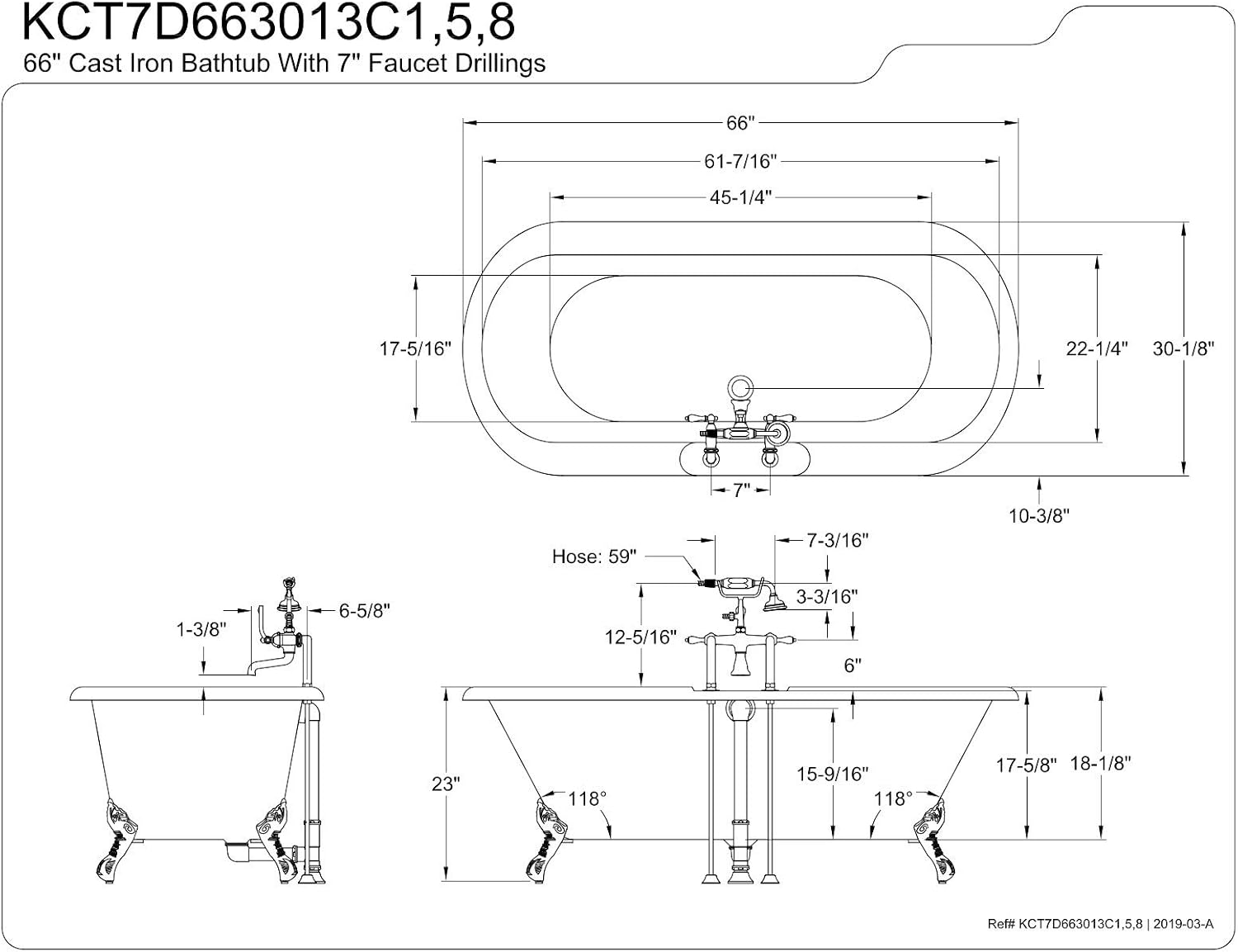 Kingston Brass KCT7D663013C1 Aqua Eden Tub with Faucet Drain and Lines Combo 66' (L) x 30' (W) x 19-1/8' (H) Polished Chrome