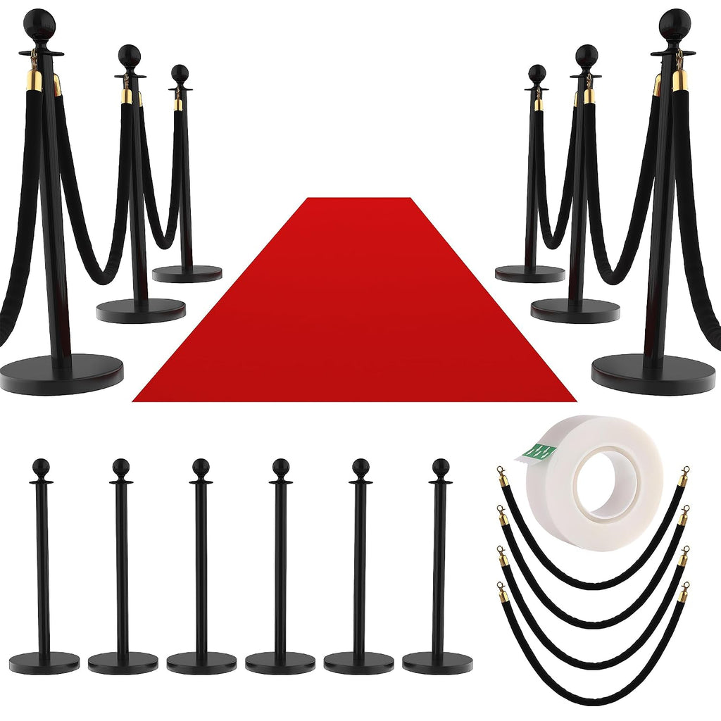 12Pcs Stanchions and Velvet Ropes, Black Stanchions with Retractable Belts, Crowd Control Barriers with Hollow Base, Red Carpet Ropes and Posts for Event & Party Supplies