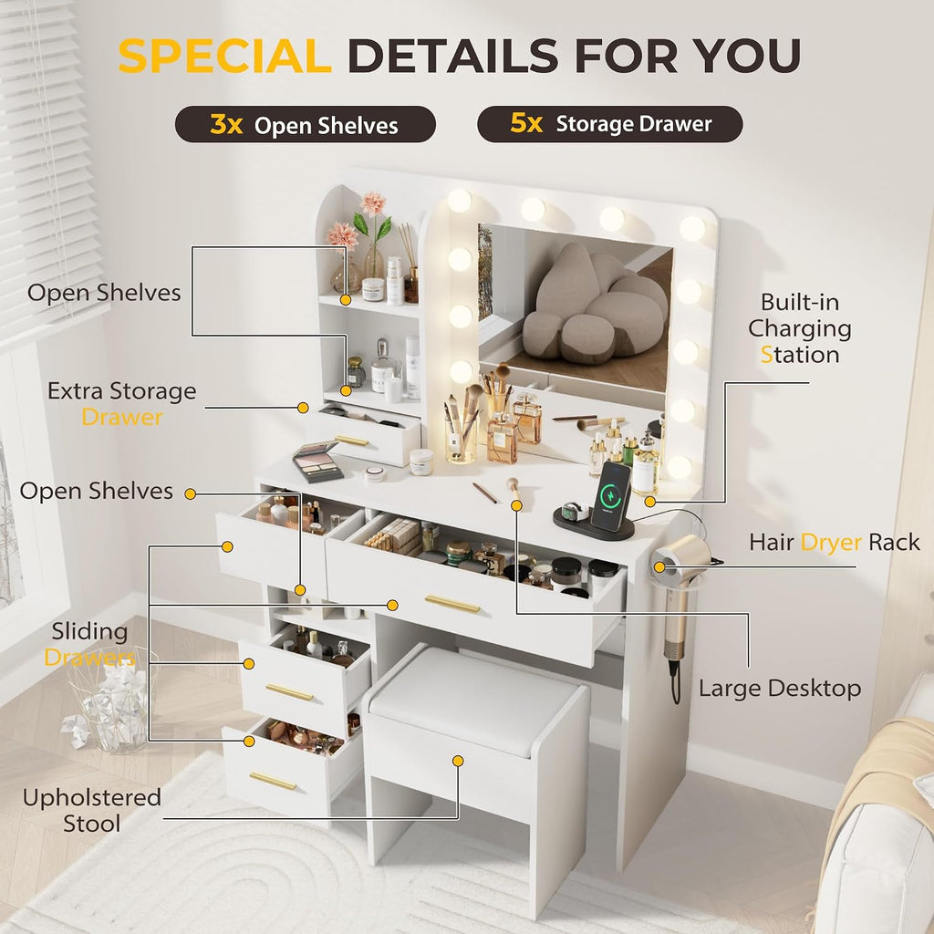 Otterease Vanity Desk with LED Lighted Mirror&Power Outlet, 3 Lighting Colors Makeup Vanity Desk with 5 Large Drawers and 3 Storage Shelves, White Vanity with Storage Stool for Bedroom
