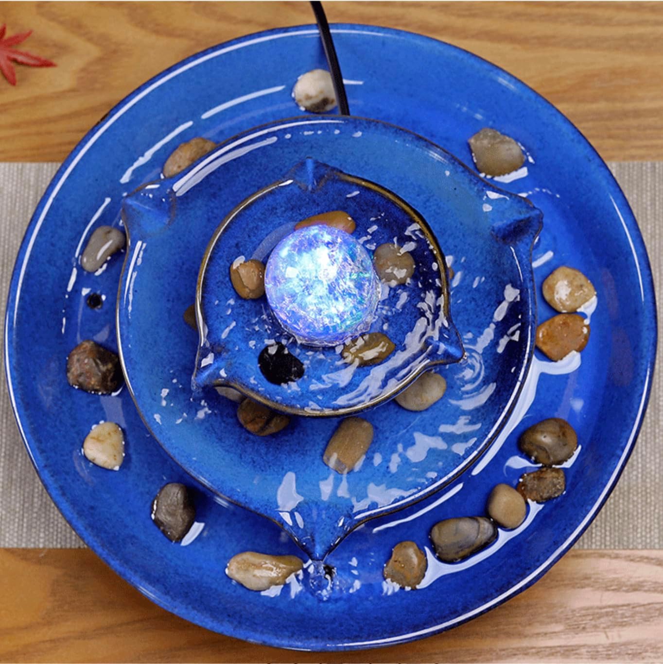 11.8' Indoor Tabletop Fountain, Ceramic Multi-Tier Waterfall with Crystal Ball & Fish Tank Feature, Free 10pcs Natural Crystals, Zen Home/Office/Entryway Decor, Housewarming Gift(Blue)