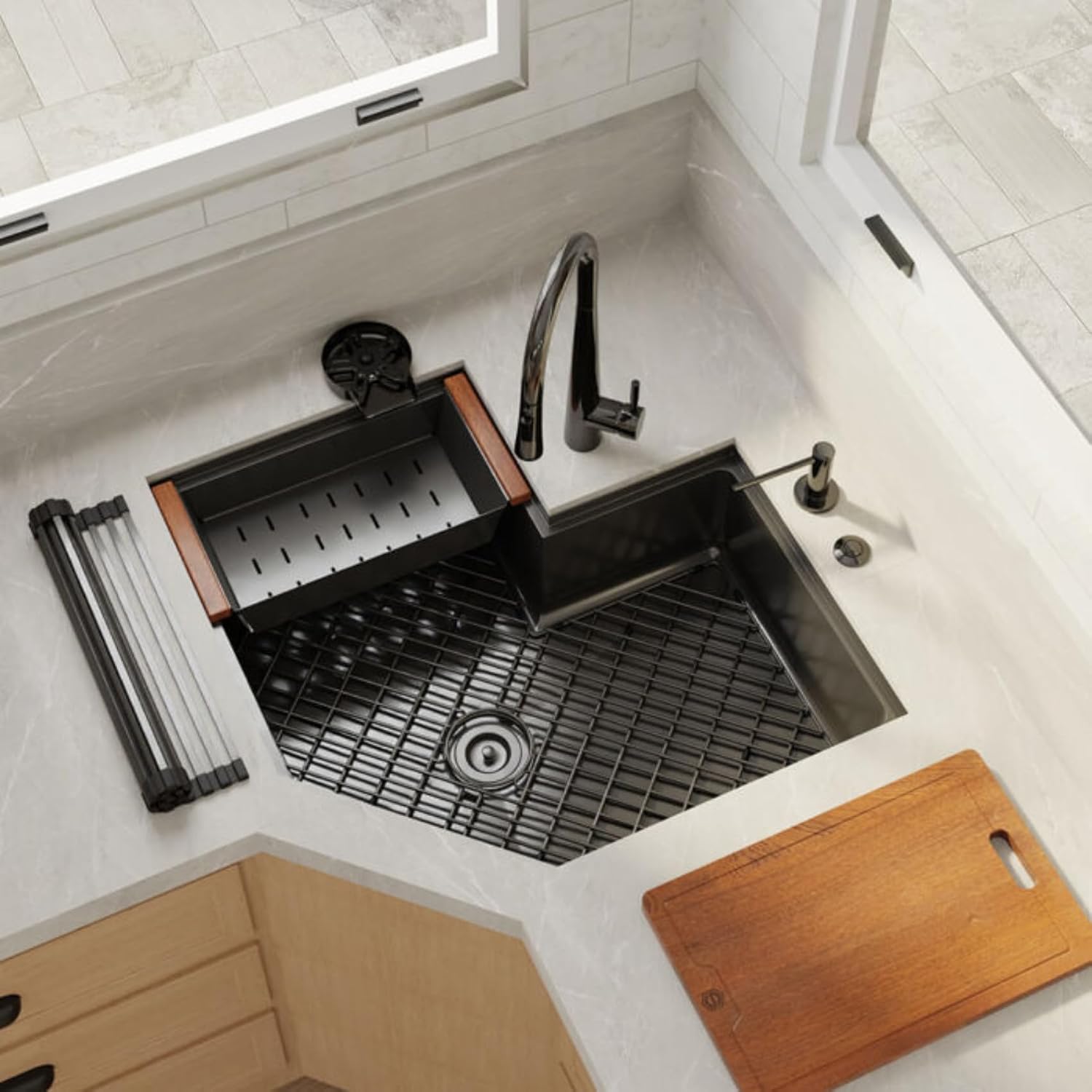 Strictly Sinks 30 Inch Corner Kitchen Sink Undermount– 16 Gauge Stainless Steel Butterfly Sink Undermount, Scratch & Stain Resistant Corner Single Bowl Workstation Sink with Accessories (Black)