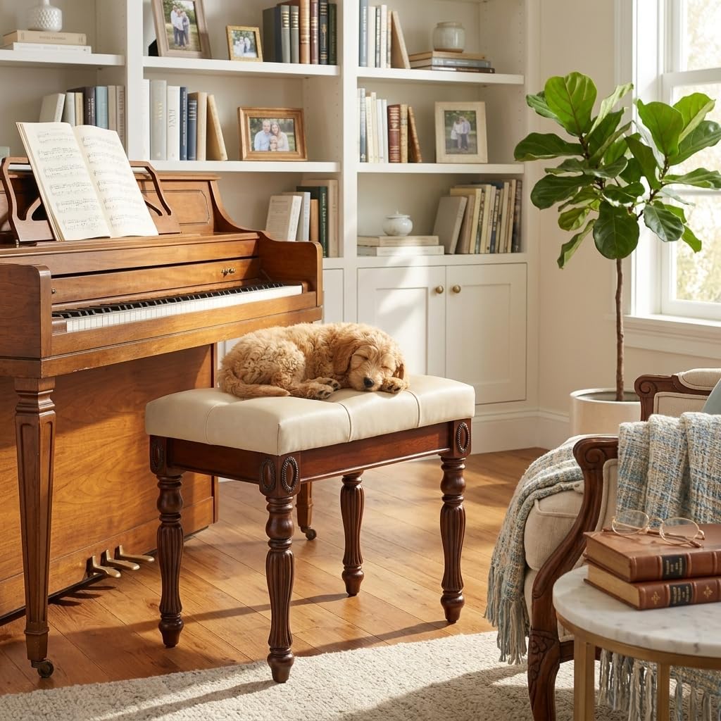 Vanity Bench Stool with Upholstered Seat, Piano Bench with Solid Wood Carving Legs, Home Chairs Button Padded Cushion, Makeup Dressing Bench, No-Tools Assembly, Cherry Walnut Leg & Beige FD1533BG