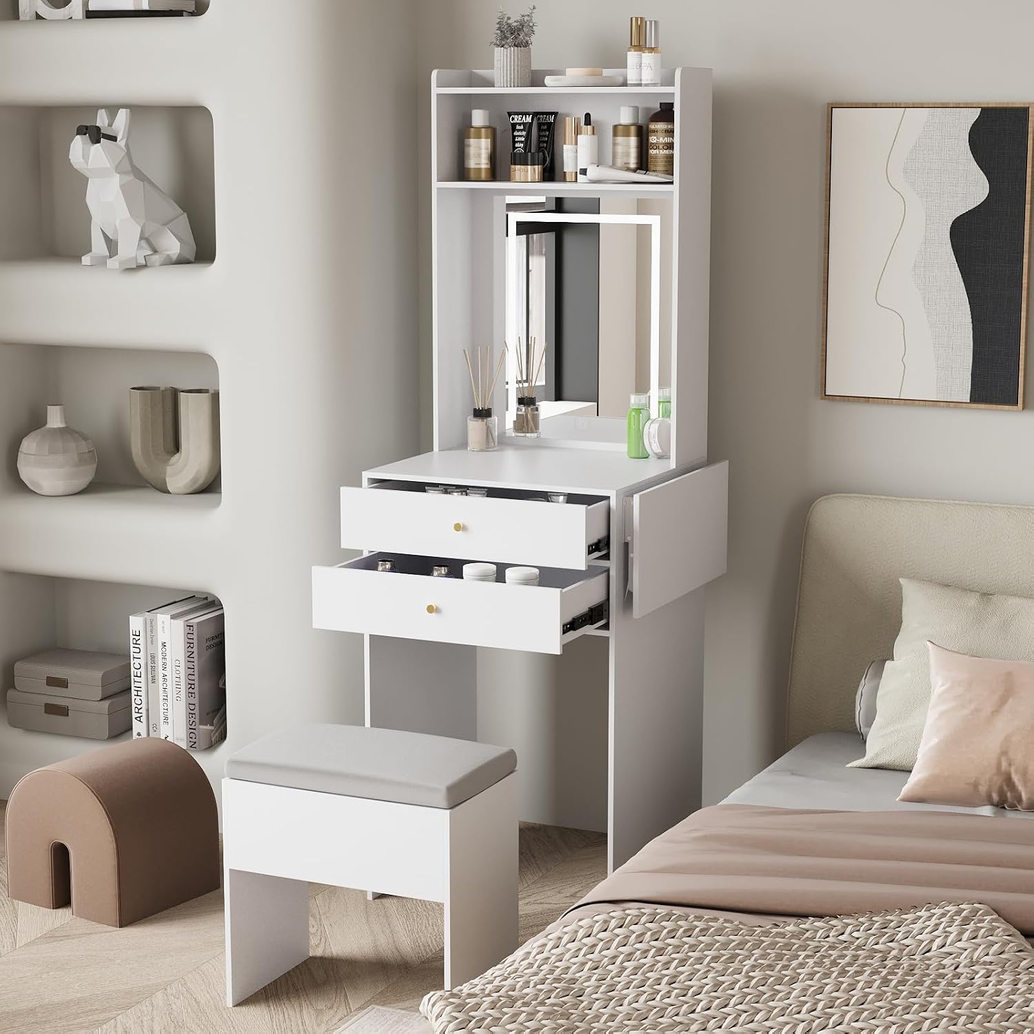 ARTETHYS Small Vanity Desk Set with 3 Adjustable Lighted Mirror and Storage Chair Mini Makeup Vanities Set for Compact Space White Dressing Table with Fold-up Panel for Bedroom