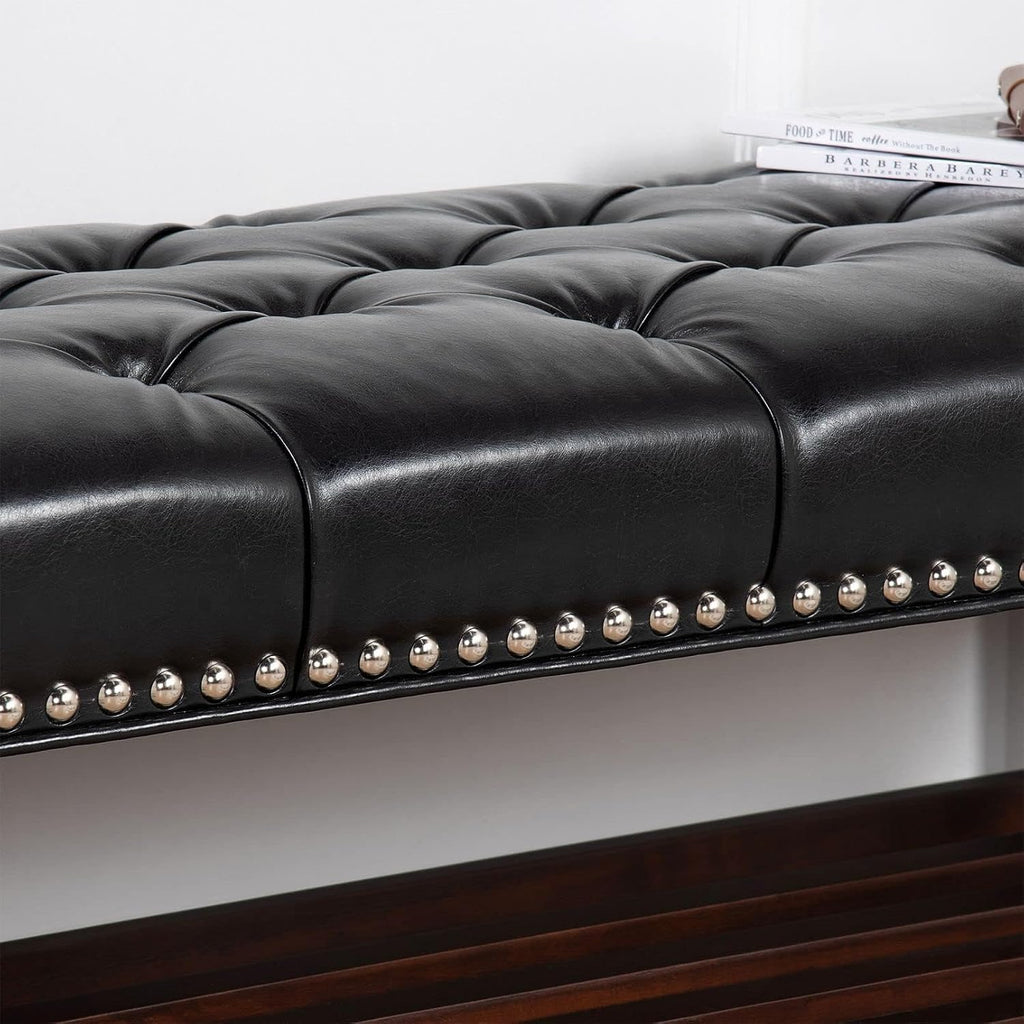 60in Button-Tufted Leather Indoor Bench,Black Upholstered Shoe Bench Entryway, Bedroom Bench Seat, End of Bed Ottoman, Vanity Bench with Wooden Base Shoes Rack (Black+Wooden)
