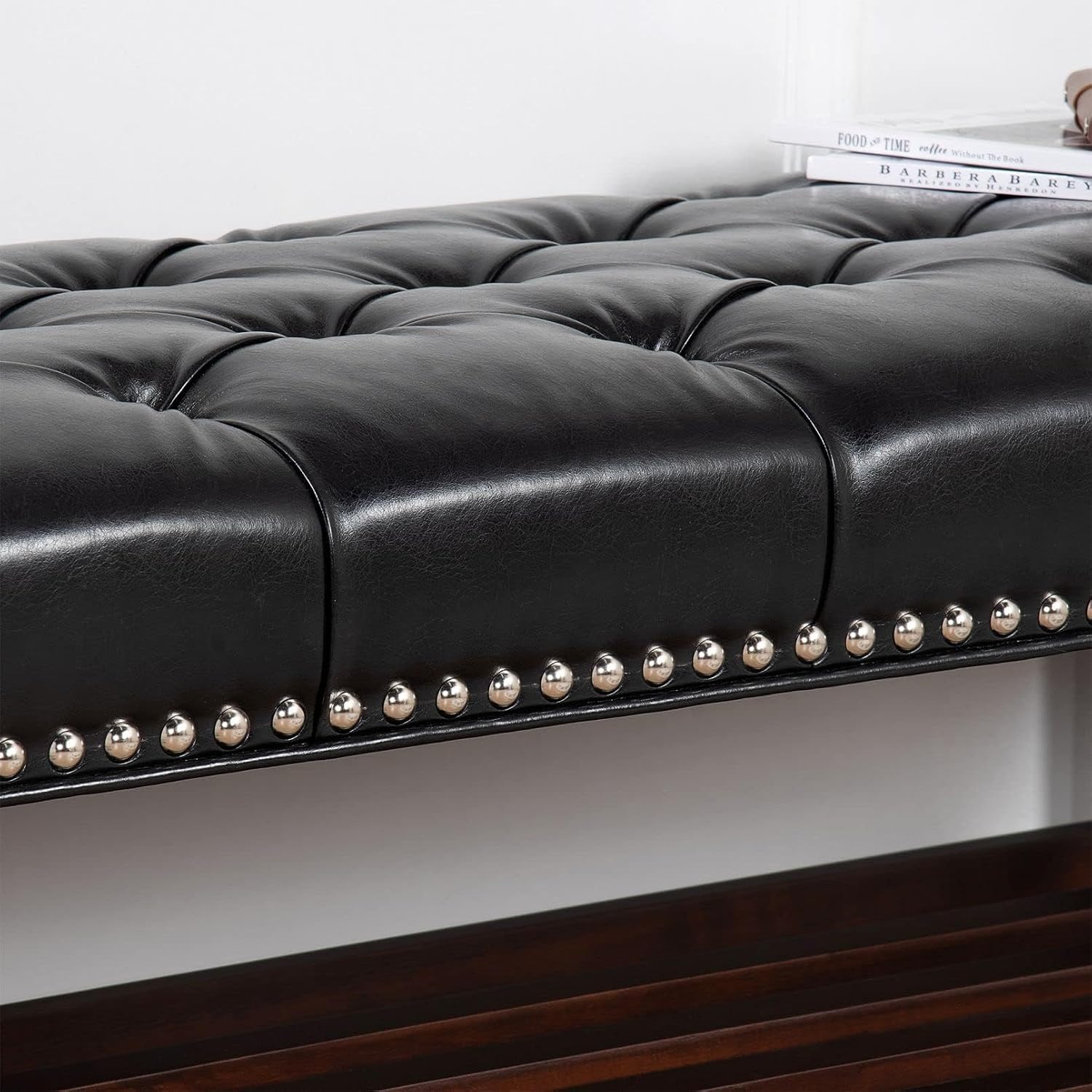 60in Button-Tufted Leather Indoor Bench,Black Upholstered Shoe Bench Entryway, Bedroom Bench Seat, End of Bed Ottoman, Vanity Bench with Wooden Base Shoes Rack (Black+Wooden)