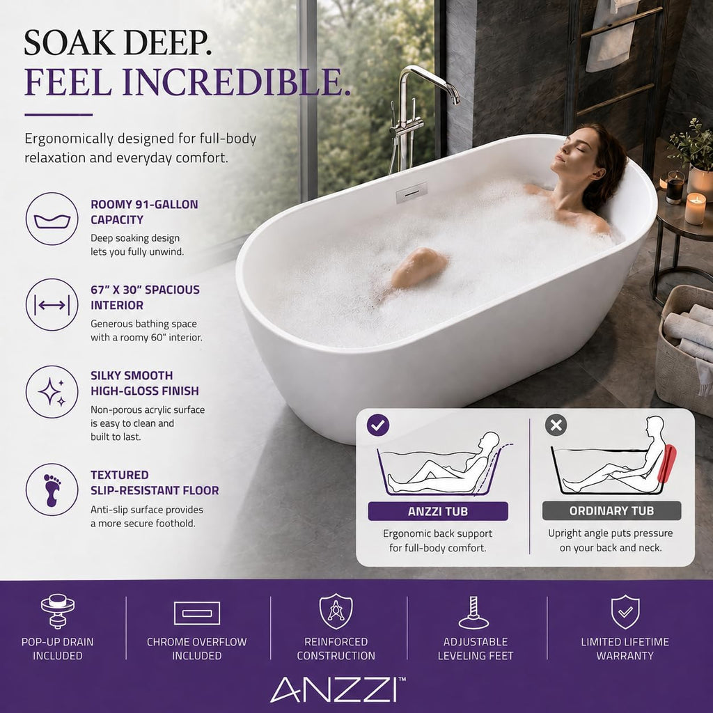 ANZZI Freestanding Bathtub 67 in Acrylic Glossy White Flat Bottom Soaking Tub, Ami Series One-Piece, Center Drain, Polished Chrome Overflow, Slip-Resistant Floor, Leveling Adjustable Feet | FT-AZ401