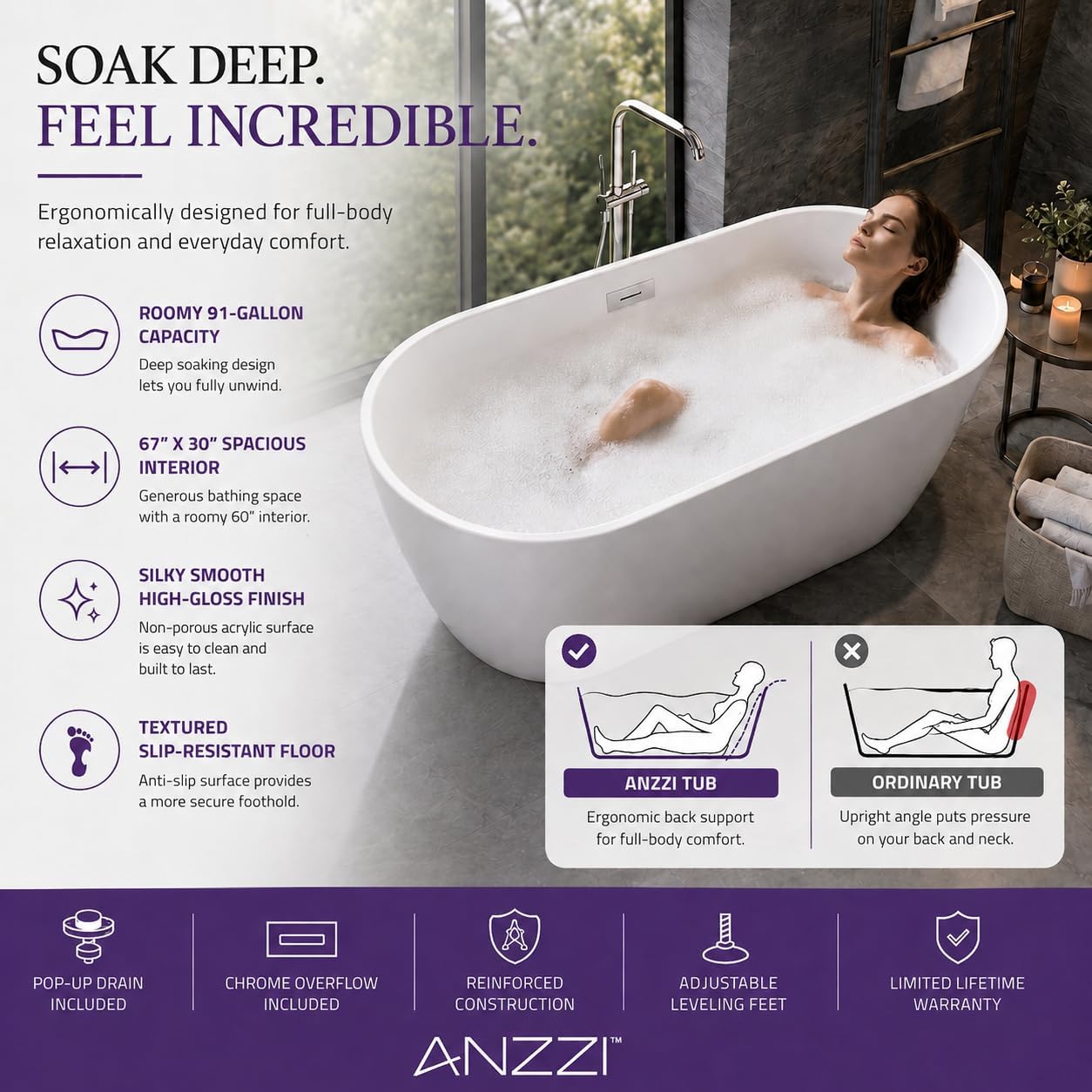 ANZZI Freestanding Bathtub 67 in Acrylic Glossy White Flat Bottom Soaking Tub, Ami Series One-Piece, Center Drain, Polished Chrome Overflow, Slip-Resistant Floor, Leveling Adjustable Feet | FT-AZ401