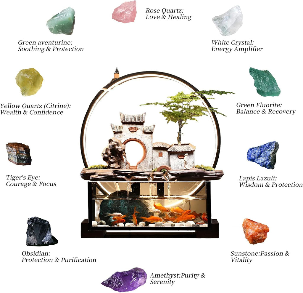 Desktop Ceramic Water Fountain Fish Tank - Adjustable Water Flow with LED Lights | Indoor Decoration Fortune Gifts+15 PCS Free Crystals (Style 3)