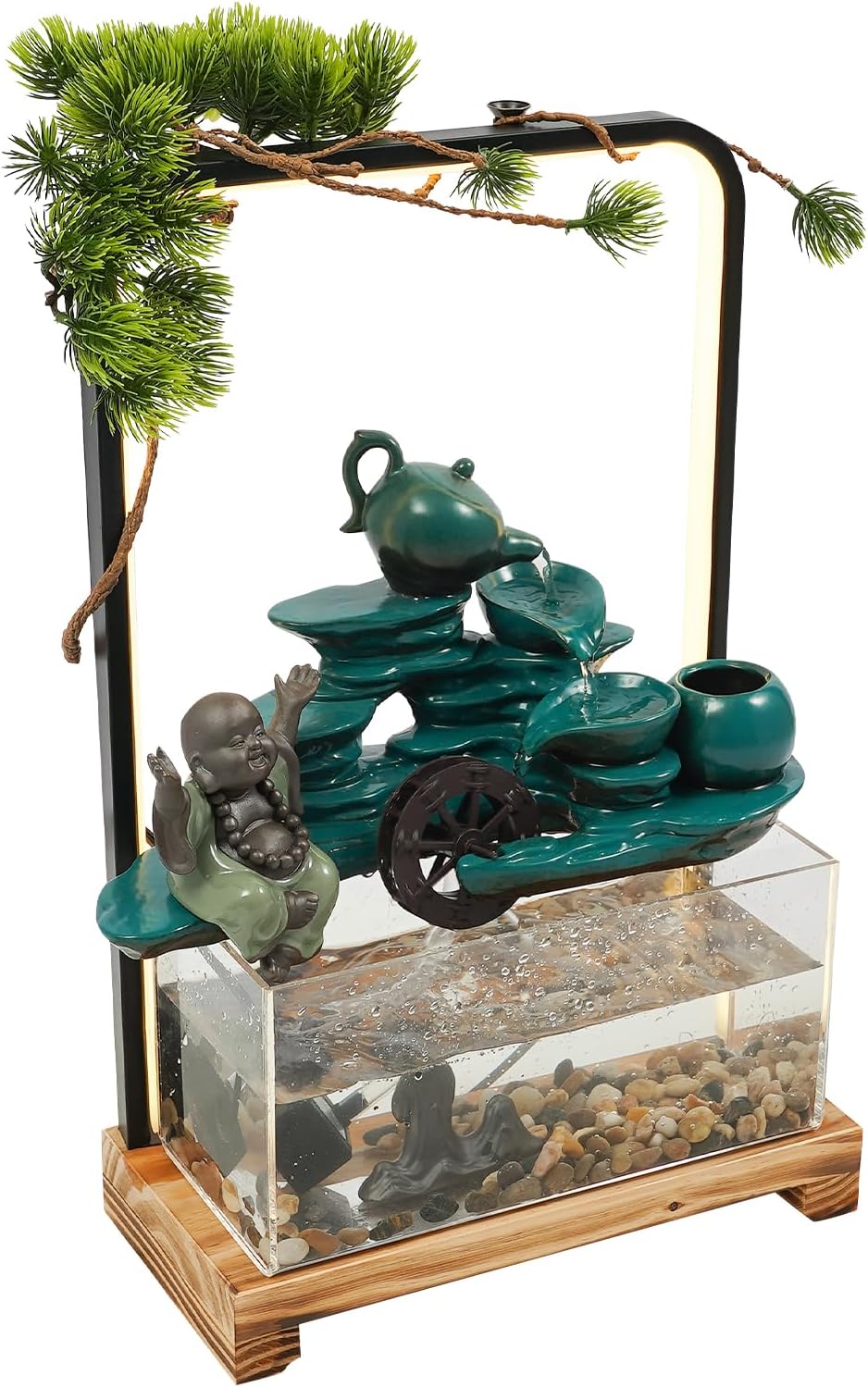 Tabletop Water Fountains, H18in Indoor Waterfall Clear Fish Tank, Backflow Incense Holder Feng Shui Decor for Meditation Living Room, Fish Tank Size W10*D4.7*H5in