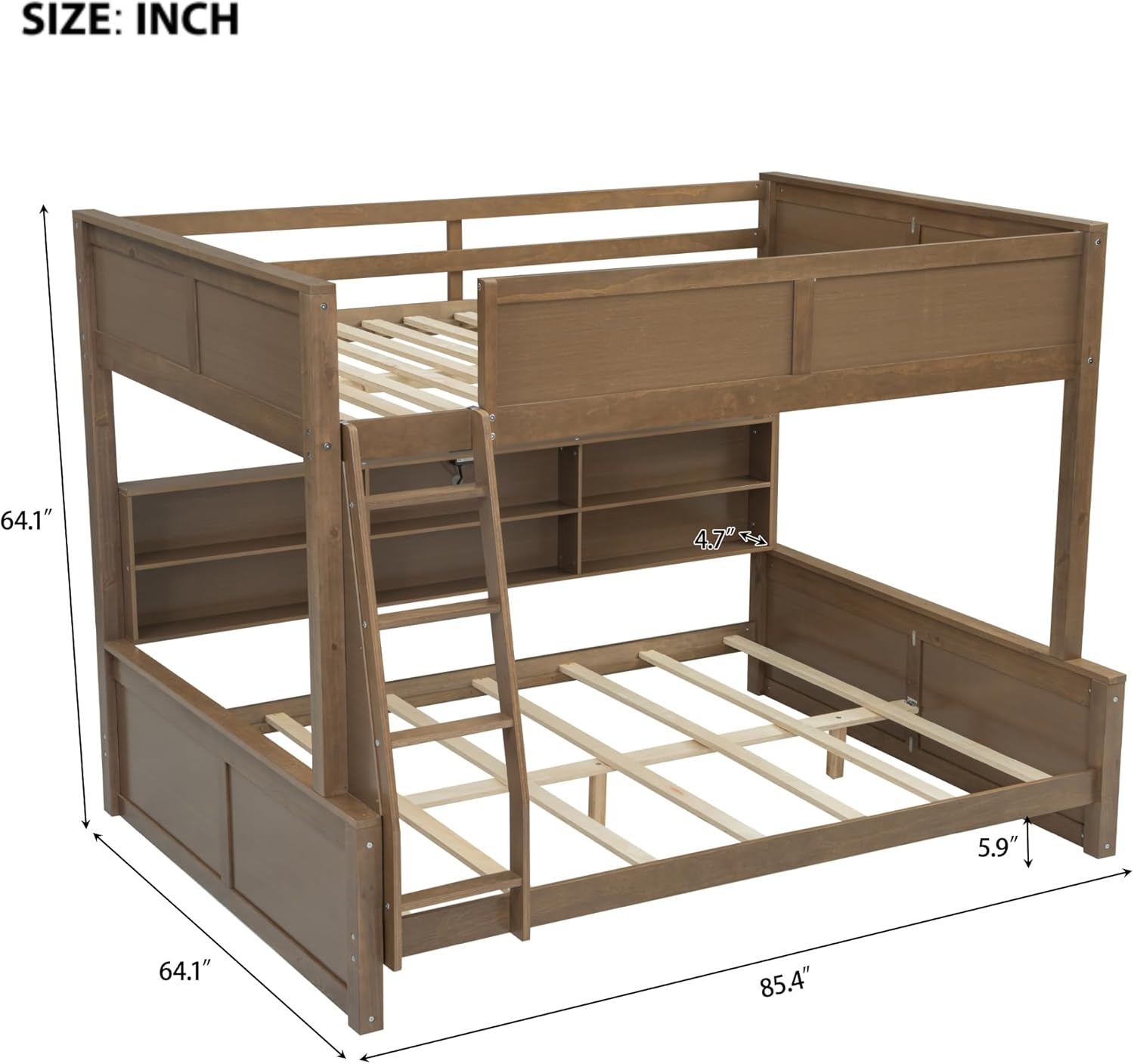 Full XL Over Queen Bunk Bed with Storage Cabinets and USB Ports, Solid Pine Wood Frame, Safety Guard Rails, No Box Spring Needed (Wood2, Full XL Over Queen)