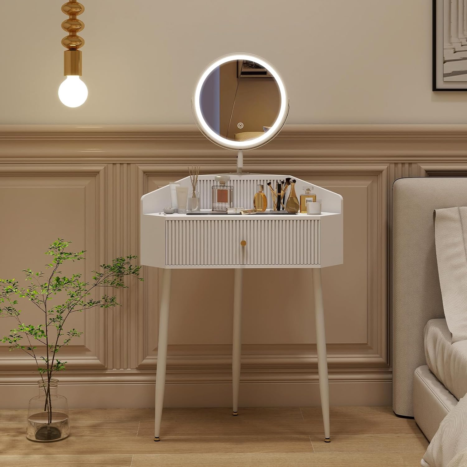 ARTETHYS Corner Vanity Desk with Retractable and Rotating Mirror and Lights Small Modern White Makeup Vanity Set with Glass Top for Women Compact Girls Dressing Table with Storage for Small Space