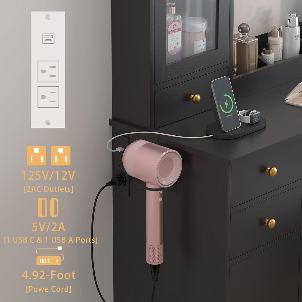Wodeer Vanity Desk with Mirror and Lights, 43' Black Makeup Vanity Set with 5 Drawers & Glass Cabinets, Power Outlet, Adjustable LED Lights & Makeup Tray, Dressing Table for Women & Girls Bedroom