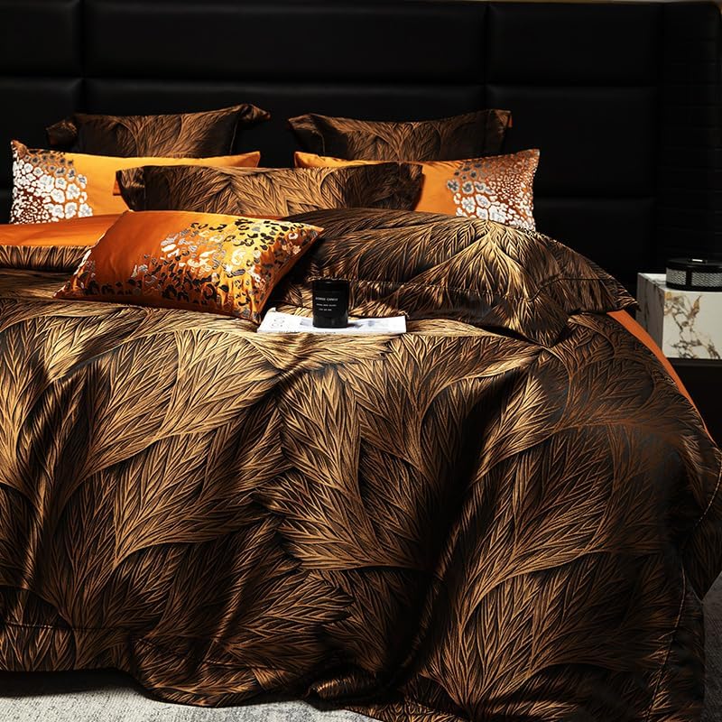100% Long Staple Cotton Luxury 6-Piece Set, Elegant Black and Gold Satin Bedding Set, 3D Embroidered Jacquard, Quilt Cover，Sheet+2 Pillowcases and 2 Cushion Covers (Black Gold,Full)