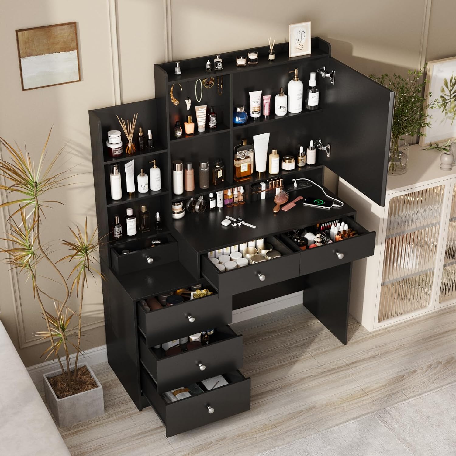 Halitaa Makeup Vanity with Led Mirror and Power Strip,Vanity Desk with Lots Drawers & Openable Mirror,3 Lighting Colors,Open Storage Shelves,Dressing Table for Bedroom,Black