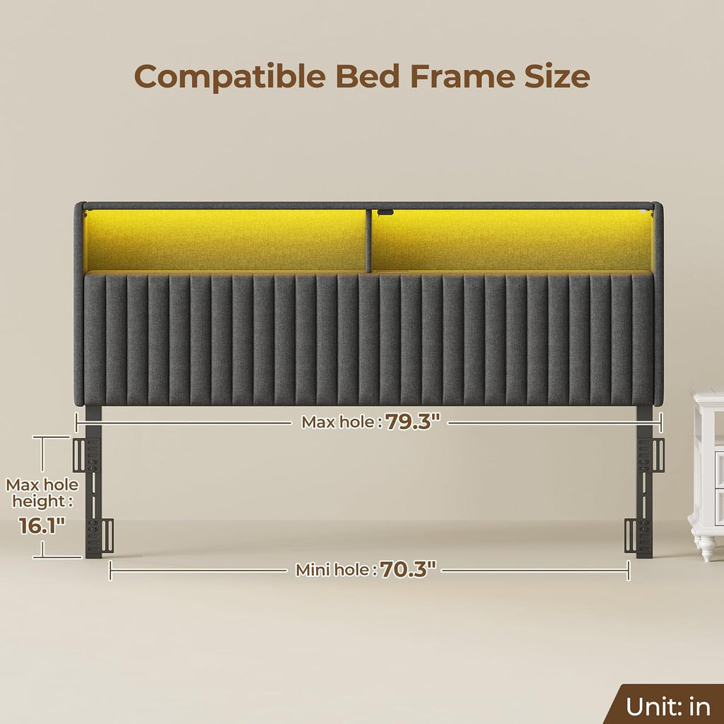 Rolanstar Headboard for King Size Bed with Storage, Head Board with USB & Type C Port, 60,000 DIY Color of LED Light, Velvet Upholstered, Height Adjustable, Sturdy, Easy Assembly, Grey