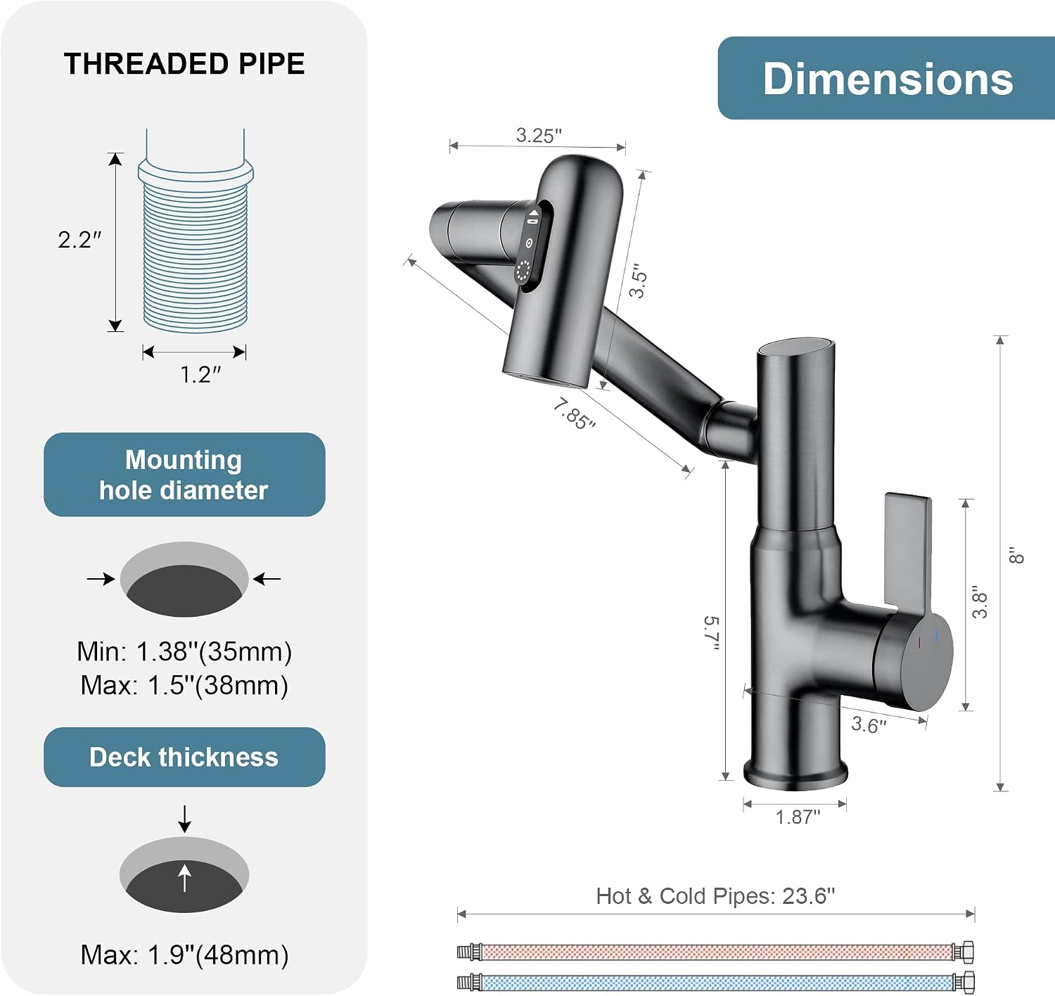 Lefton Rotatable Bathroom Faucet BF2204 with Pop-up Bathroom Sink Drain Stopper Without Overflow D01 (Contemporary, Grey)