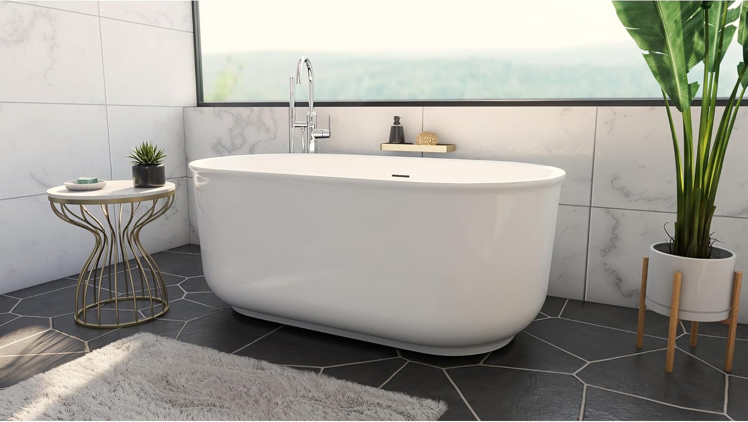 Alliance Pro 67 in. L x 31-1/2 in. W x 23-5/8 in. H Freestanding Acrylic Bathtub, Brushed Brass Drain