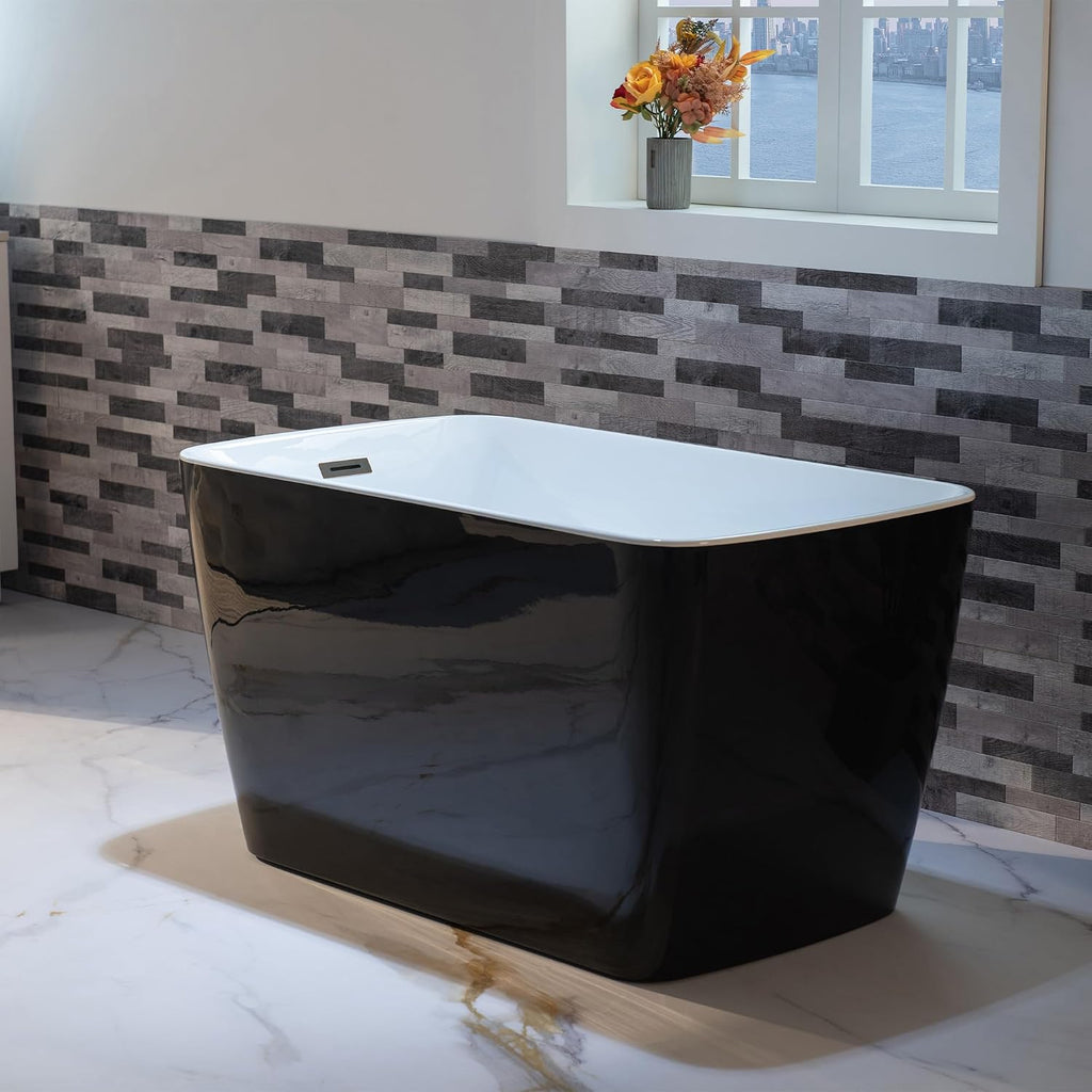 WOODBRIDGE 48' Acrylic Freestanding Square Shape Janpanese Soaking Tub with Pre-molded Seat and Oil-Rubbed Bronze Pop-UP Drain and Overflow Option, Black, B1870-ORB