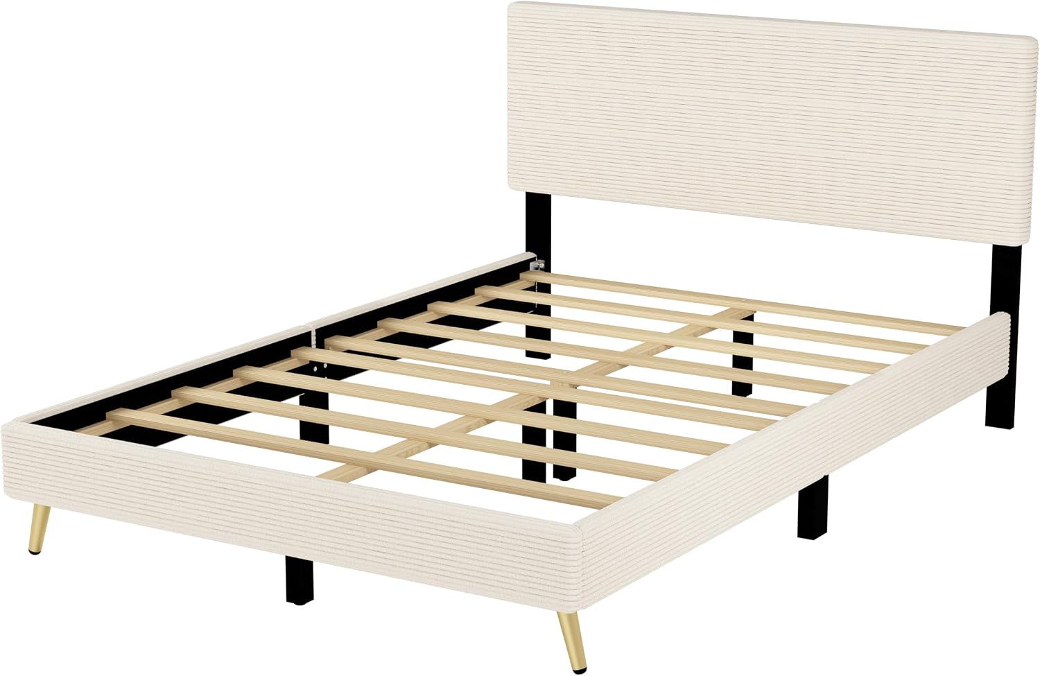 Modern 2-Pieces Bedroom Sets, Corduroy Queen Size Platform Bed with Storage Ottoman, Upholstered Platform Bed Frame with Horizontal Stripe Headboard and Metal Legs, Sturdy Slats Support (Beige-D)