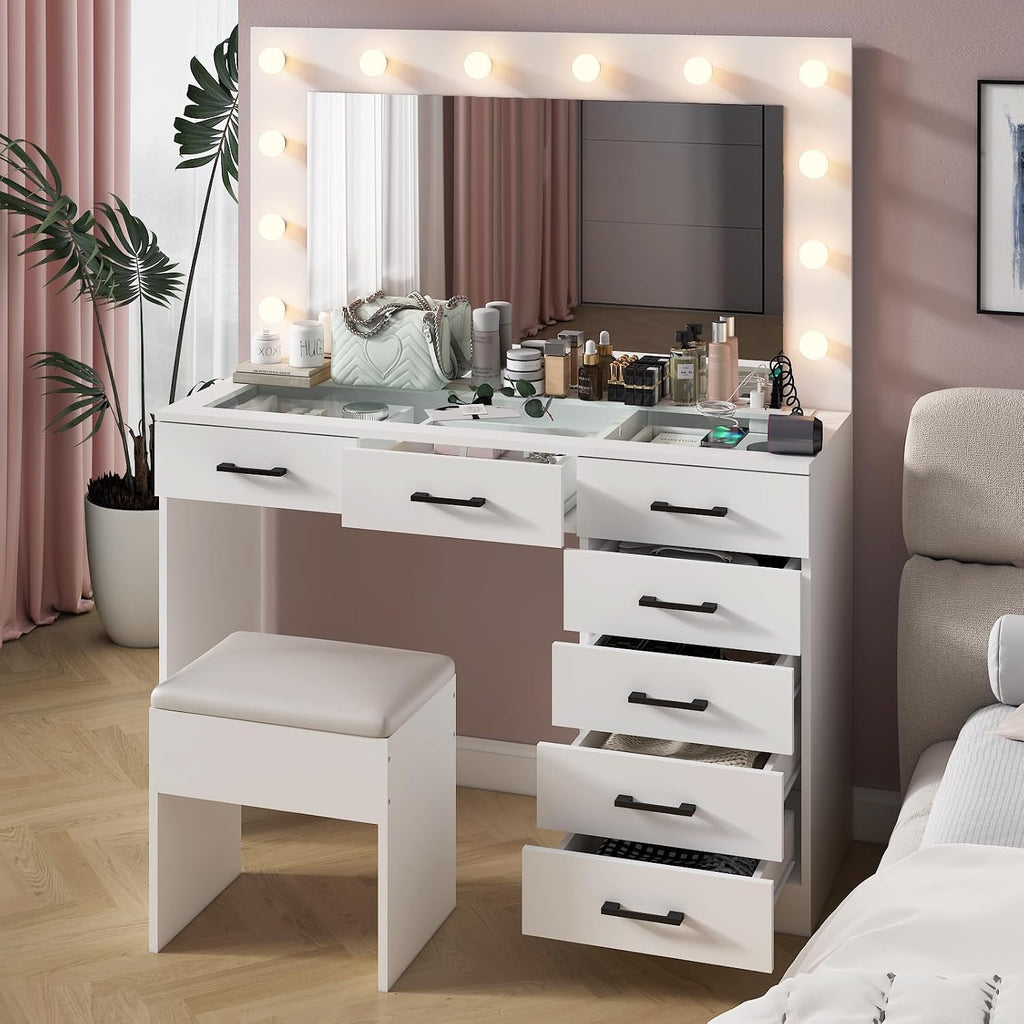 VINGLI Makeup Table with Large Mirror and 12 LED Light Bulbs, Vanity Desk Set with Padded Stool & 7 Drawers, Dressing Table with Glass Top & Charging Station for Dressing Room Bedroom, White