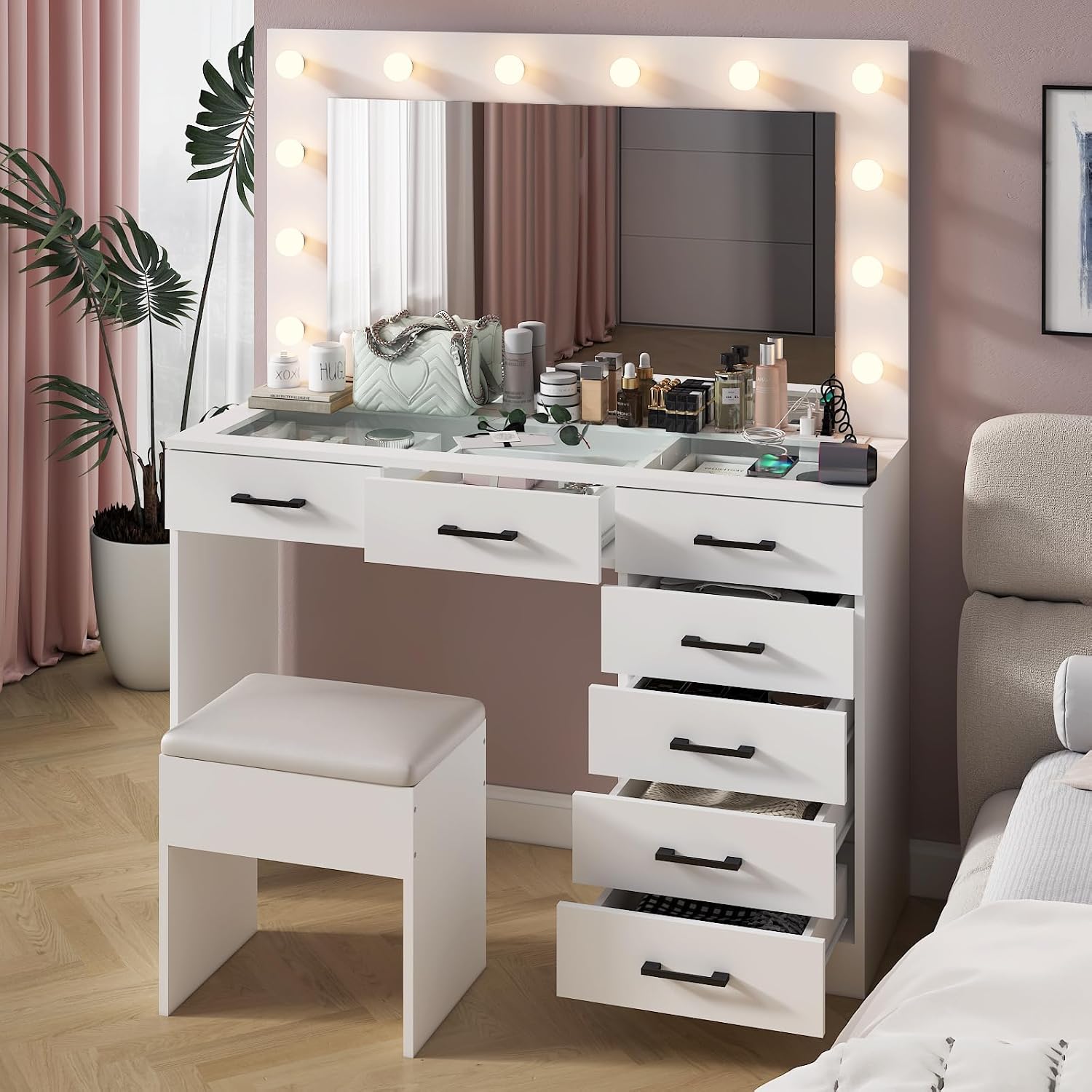 VINGLI Makeup Table with Large Mirror and 12 LED Light Bulbs, Vanity Desk Set with Padded Stool & 7 Drawers, Dressing Table with Glass Top & Charging Station for Dressing Room Bedroom, White