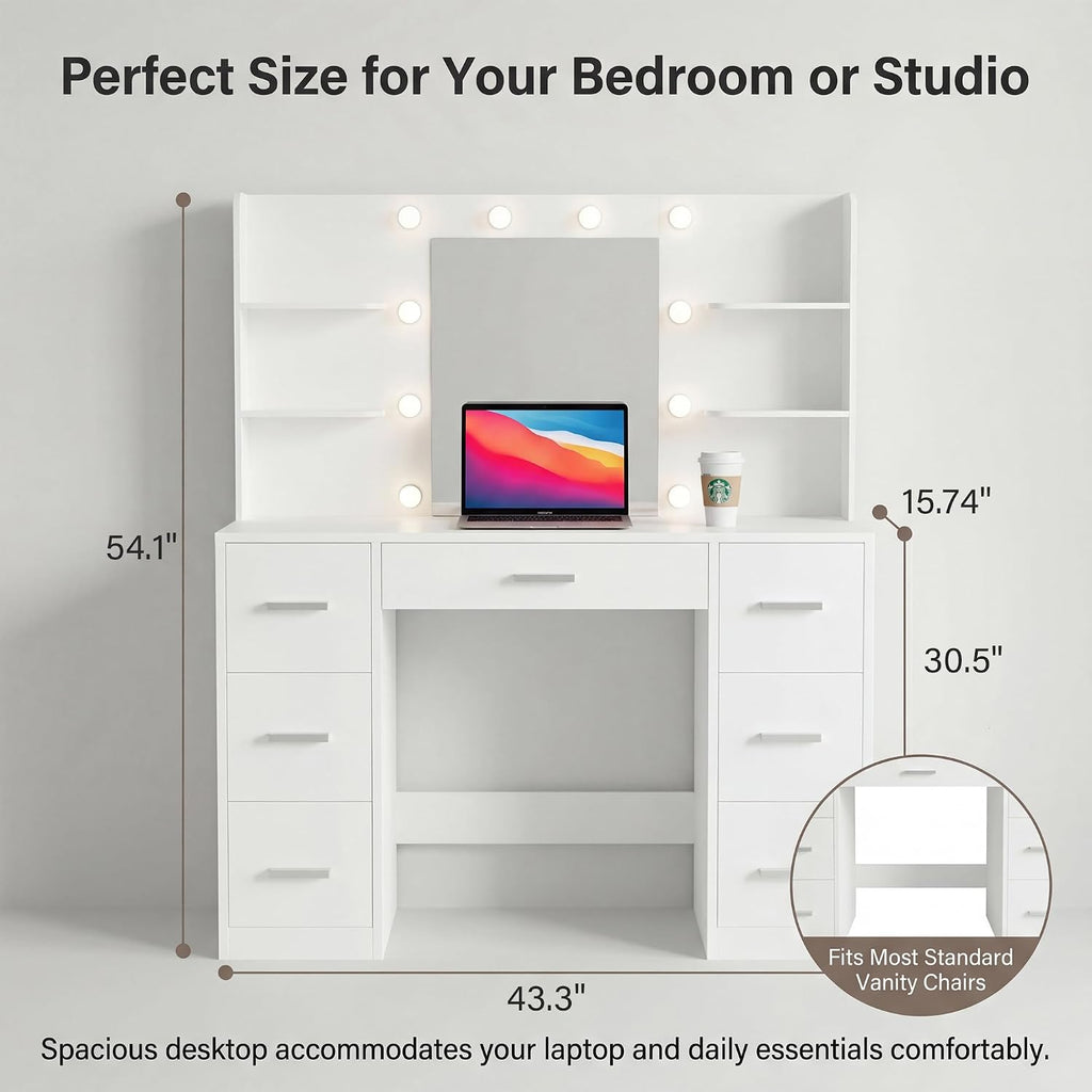Furmax Vanity Desk with Mirror, LED Lights and Power Outlet Makeup Vanity Table with 7 Drawers and 6 Storage Shelves Dressing Table for Bedroom Dressing Room (Bright White)