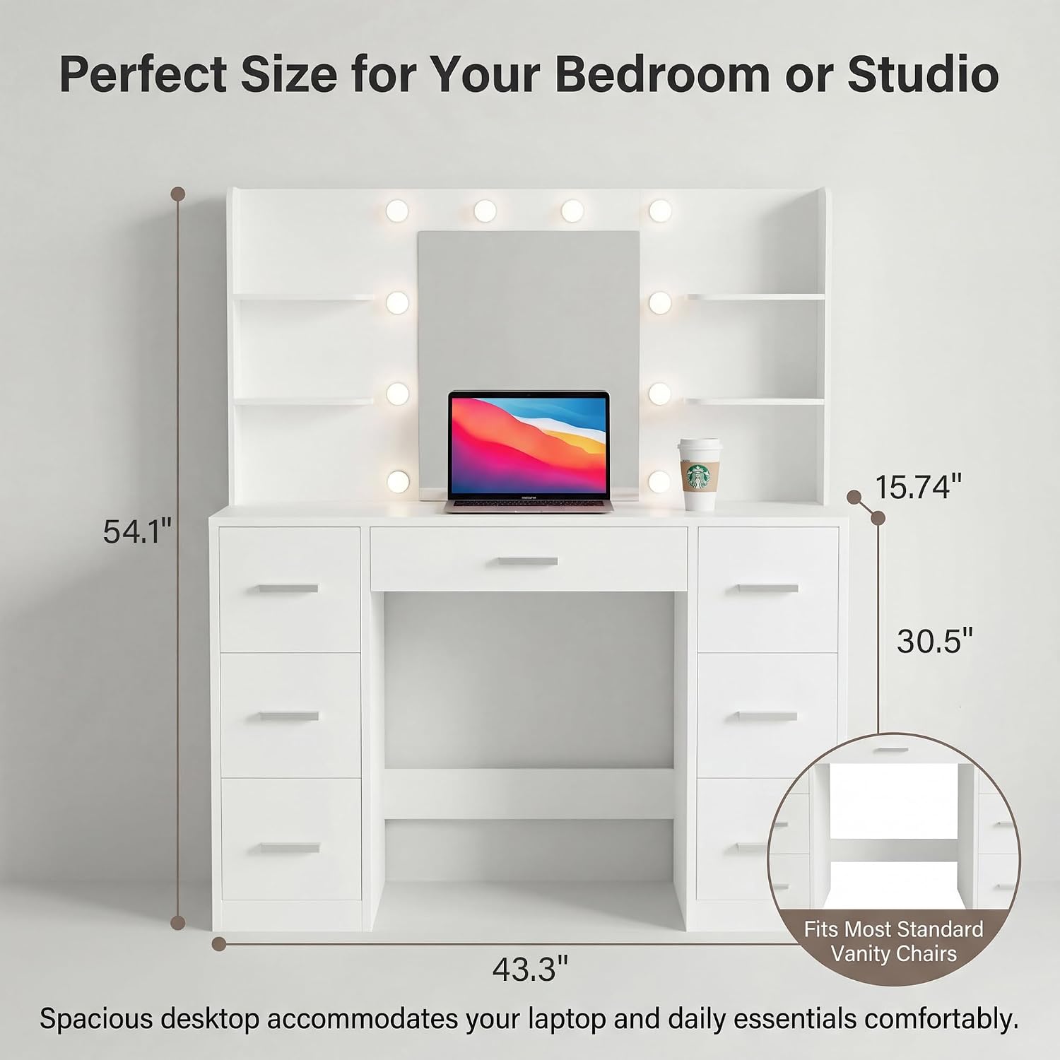 Furmax Vanity Desk with Mirror, LED Lights and Power Outlet Makeup Vanity Table with 7 Drawers and 6 Storage Shelves Dressing Table for Bedroom Dressing Room (Bright White)