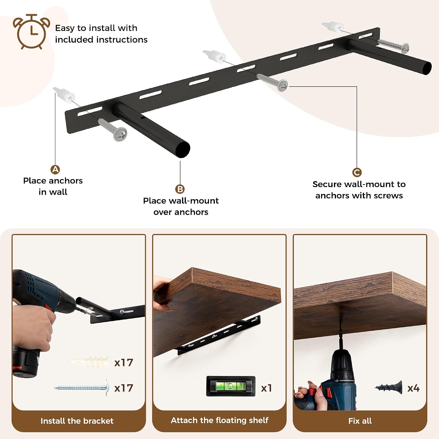 Axeman 72Inch Floating Shelves for Wall, Rustic Wood Shelves for Bedroom, Bathroom, Kitchen, Hanging Wall Mounted Shelf with Invisible Brackets for Books Decor, Set of 1, Grey