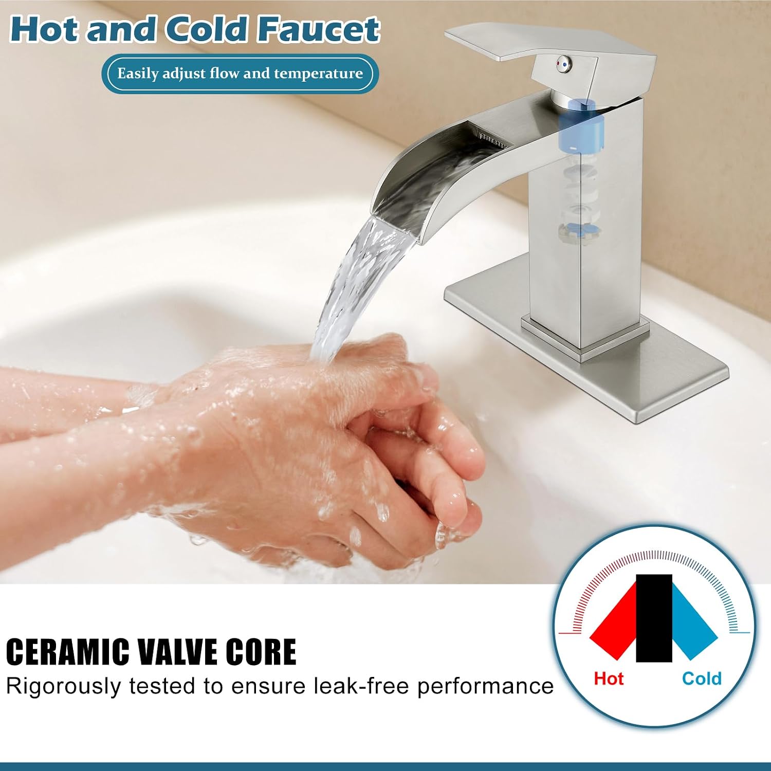 Midanya Brushed Nickel Single Handle Slotted Waterfall Vanity Bathroom Sink Faucets with 8 Inch Brushed Nickel Rain Shower System Tub Shower Faucet Set Square Waterfall Tub Spout